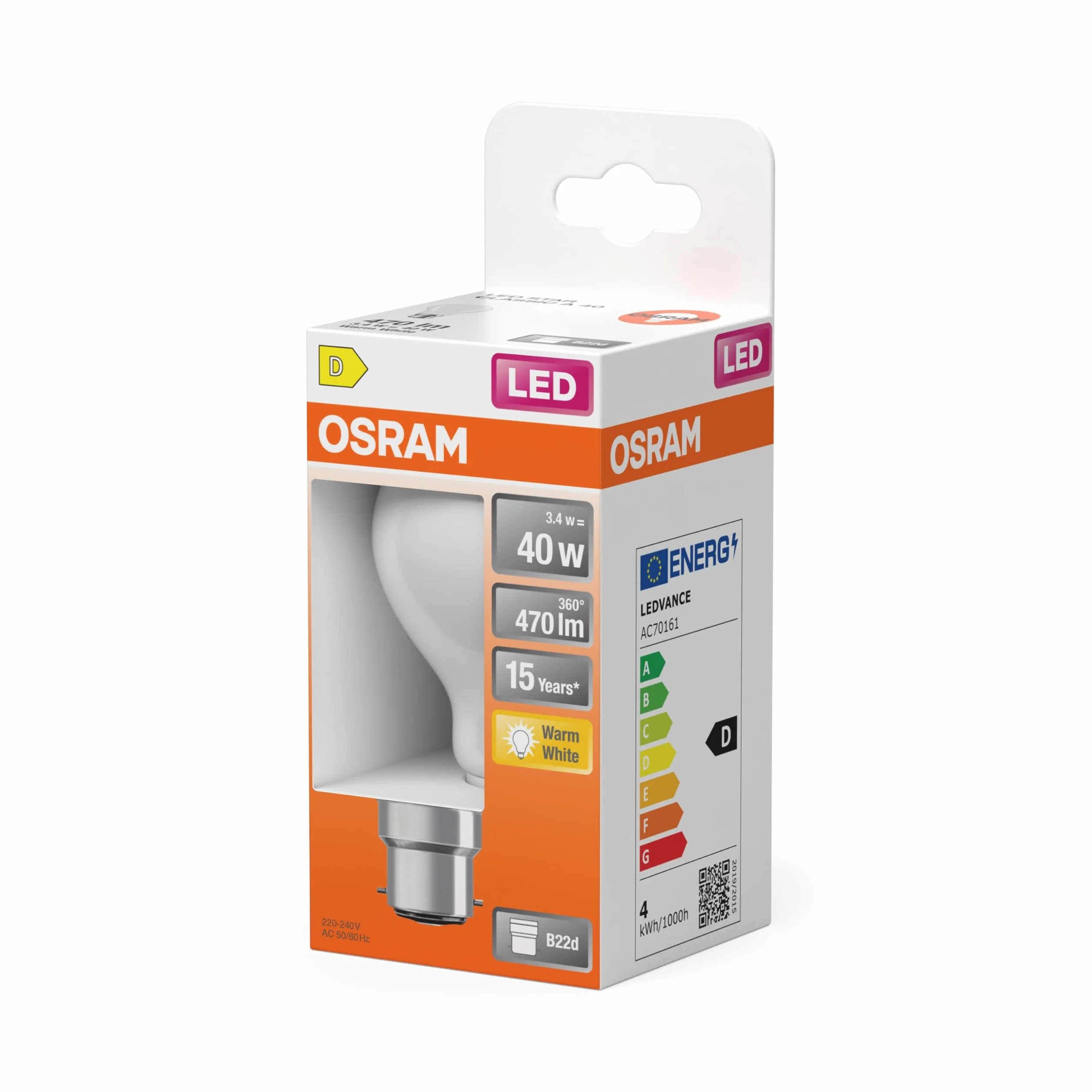 Osram Lampe LED A40 filament étoile 2700K blanc chaud 3,4W B22d 470lm dépolie