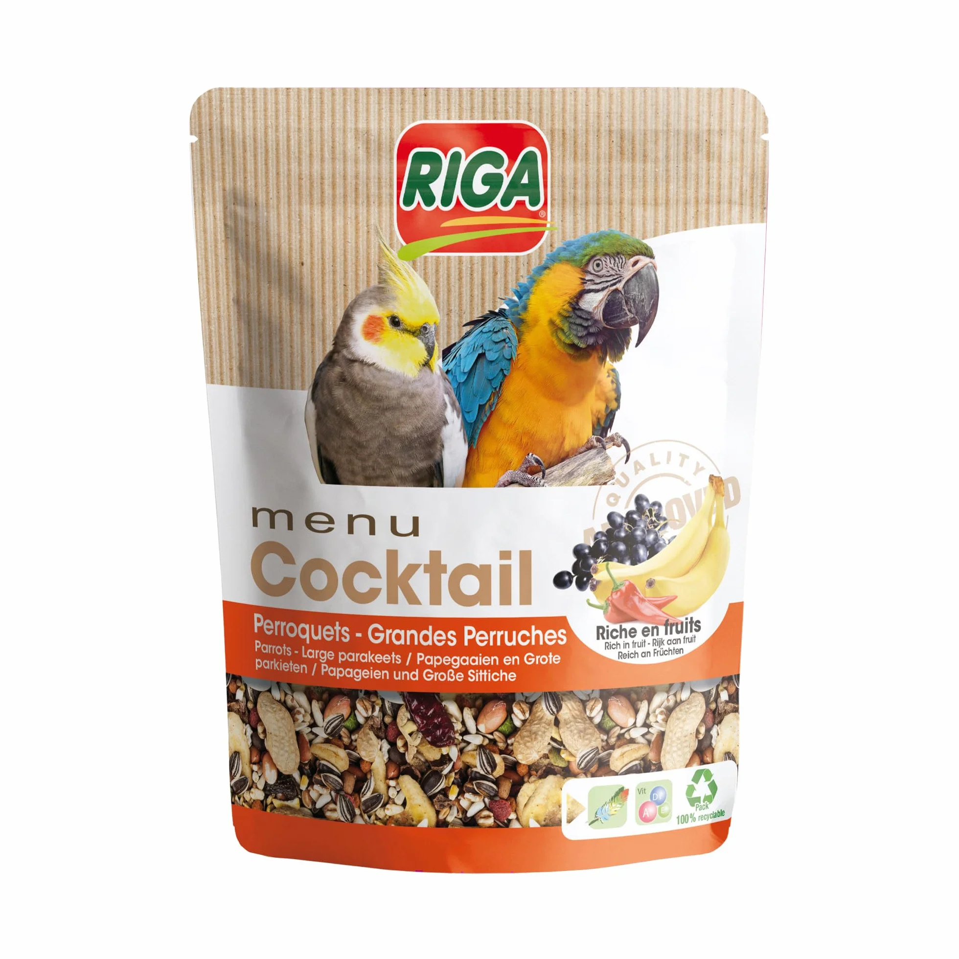 Menu Cocktail Friandise Grandes Perruches et Perroquets Mélange de Graines Riche en Fruits Doypack 500g