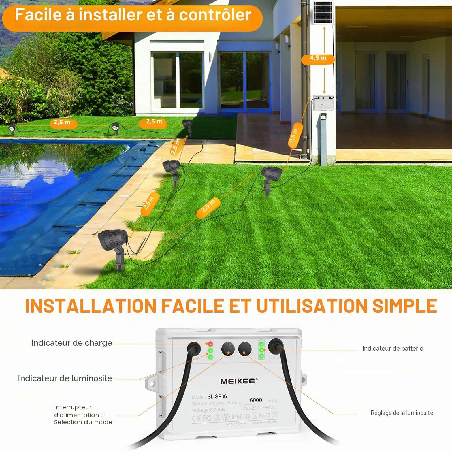 MEIKEE Lampe Solaire Exterieur IP66 3000K 6V 6W 6000mAh 3 Modes Eclairage Jardin