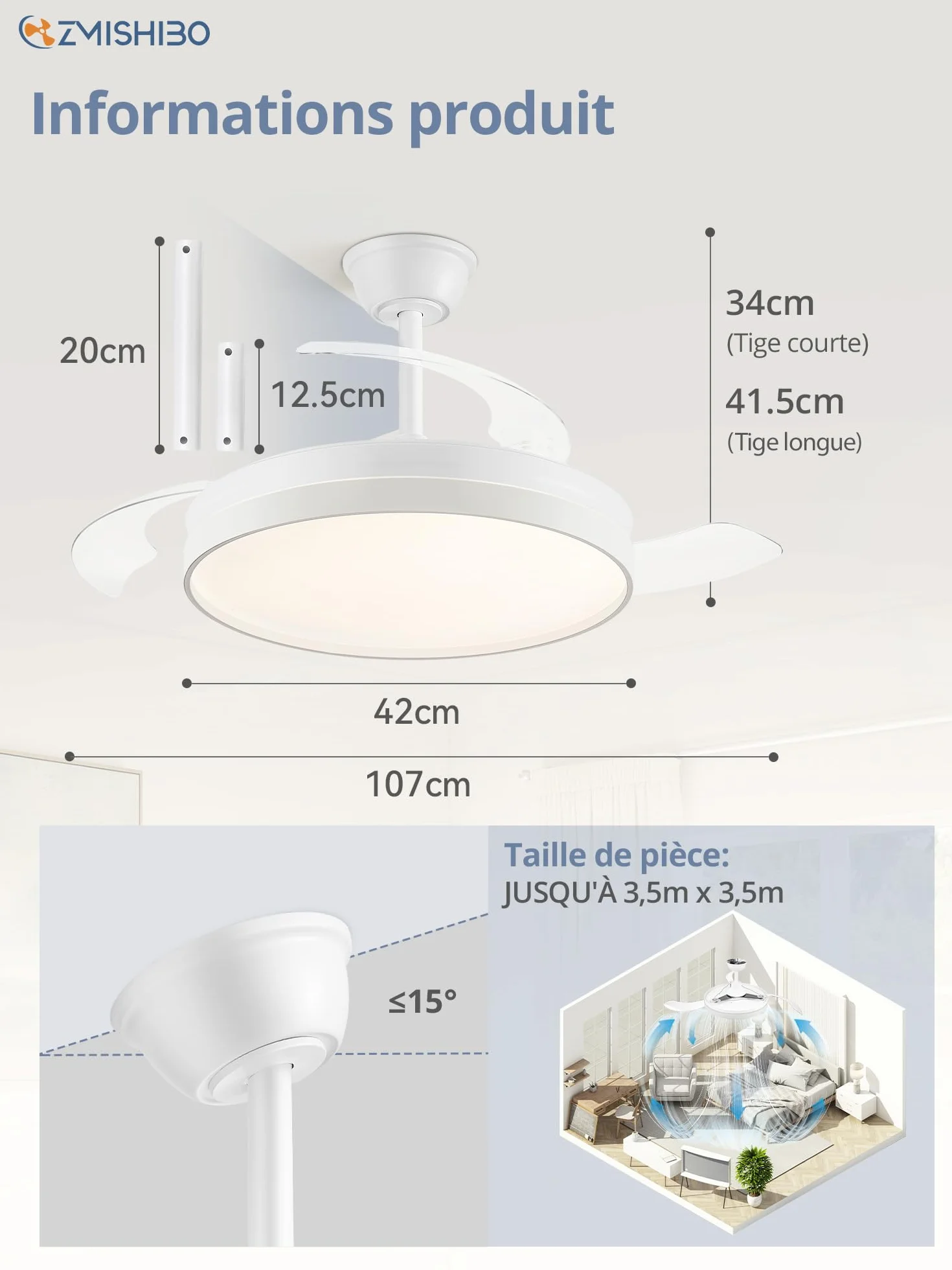 ZMISHIBO Ventilateur de Plafond avec Lumière 107cm, Moteur DC Silencieux, 3000~6000K, 6 Vitesses, Télécommande + APP