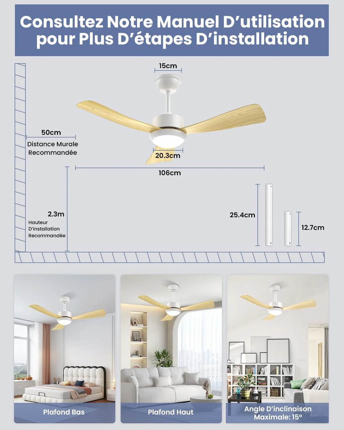 Airwit Ventilateur Plafond avec Lumière 106cm, Pales Bois, Silencieux, Télécommande, LED Dimmable, Moteur DC Réversible, 6 Vitesses