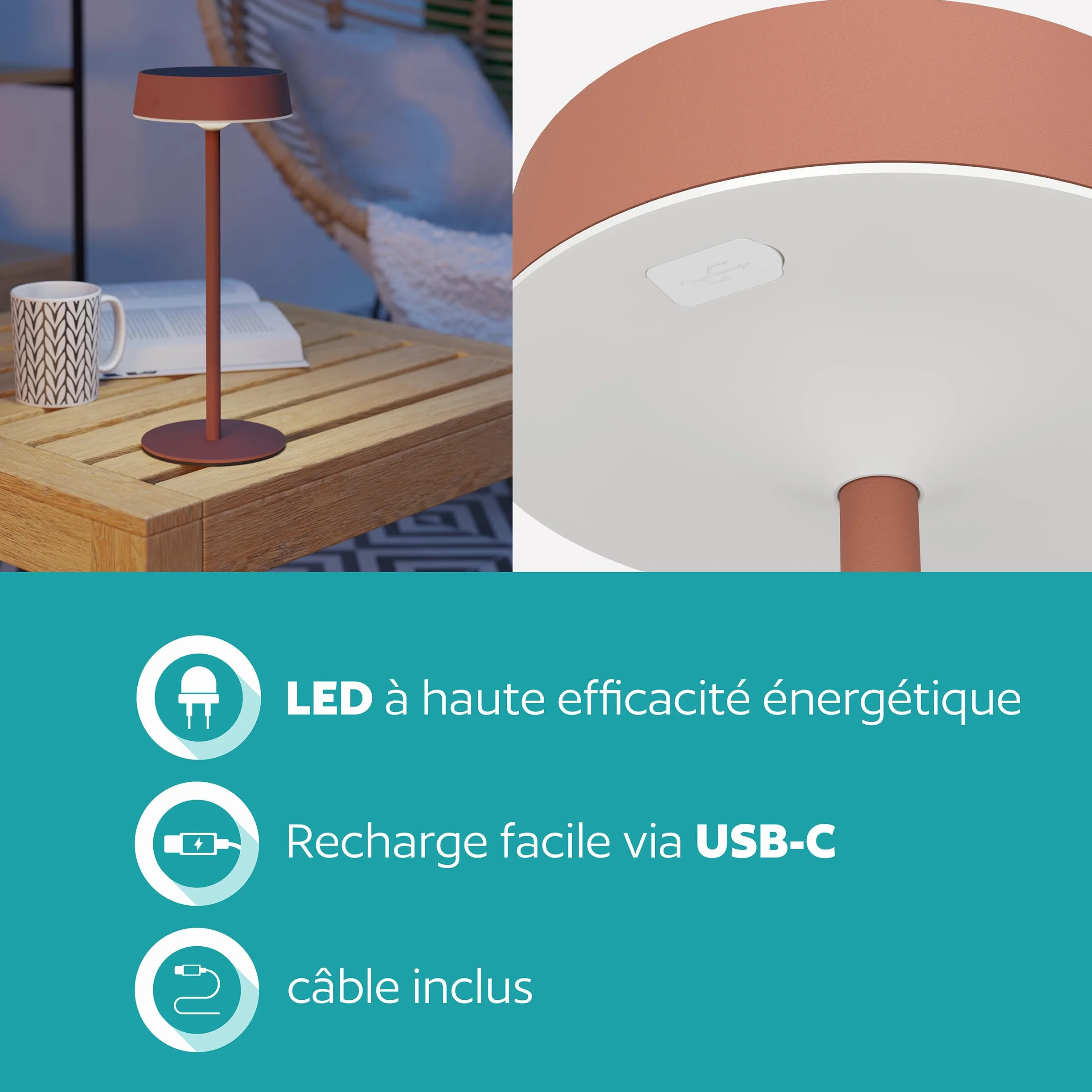 Eglo Lampe de table extérieure solaire sans fil Simeri LED rechargeable tactile intensité variable IP54 acier rouge