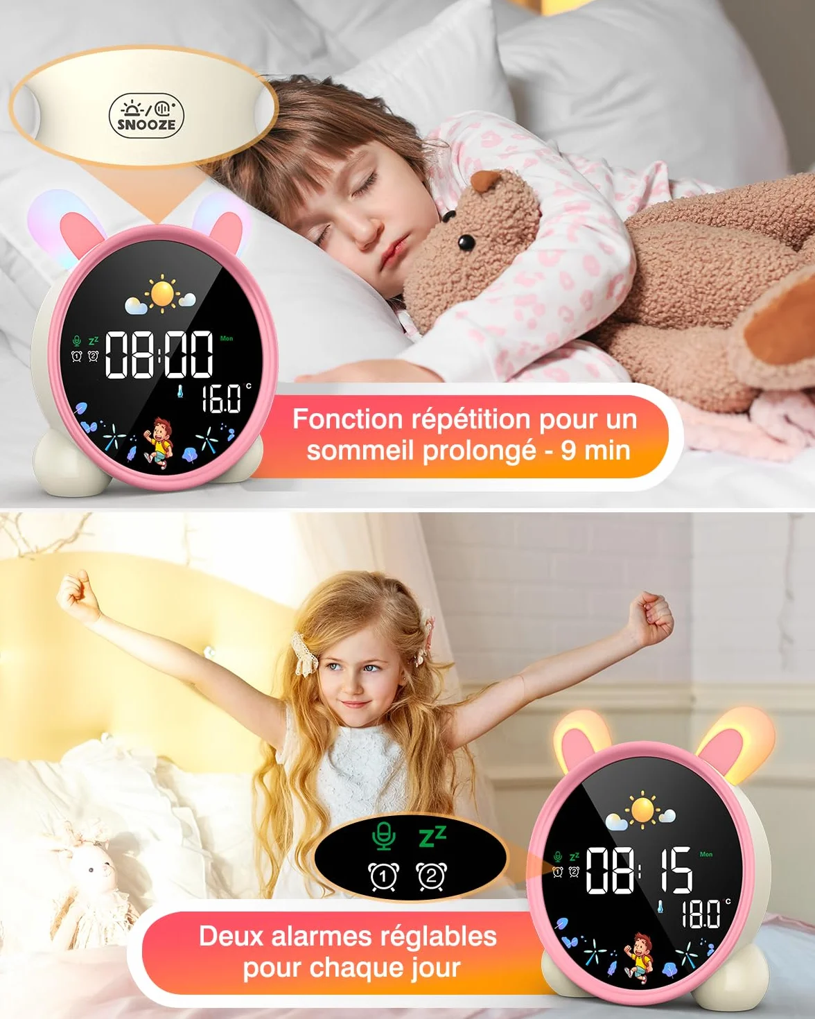 LEMNOI Réveil Educatif Jour Nuit Enfant Chatte LED Lampe de Chevet avec Musique Double Alarme Température Fonction Snooze Lapin