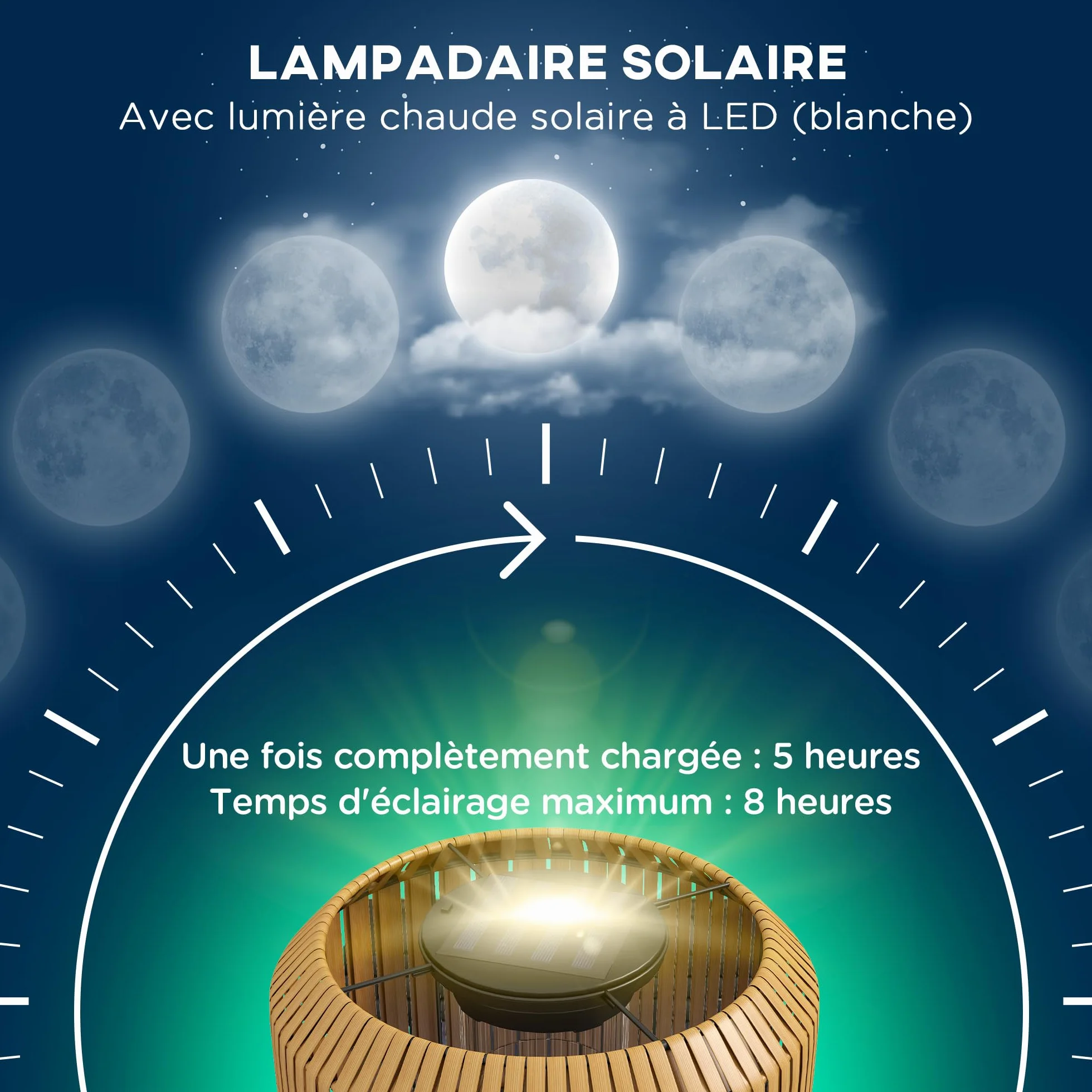 Outsunny Lampadaire solaire extérieur en résine tressée, rechargeable avec capteur lumière, LED étanche, 130 cm, jaune