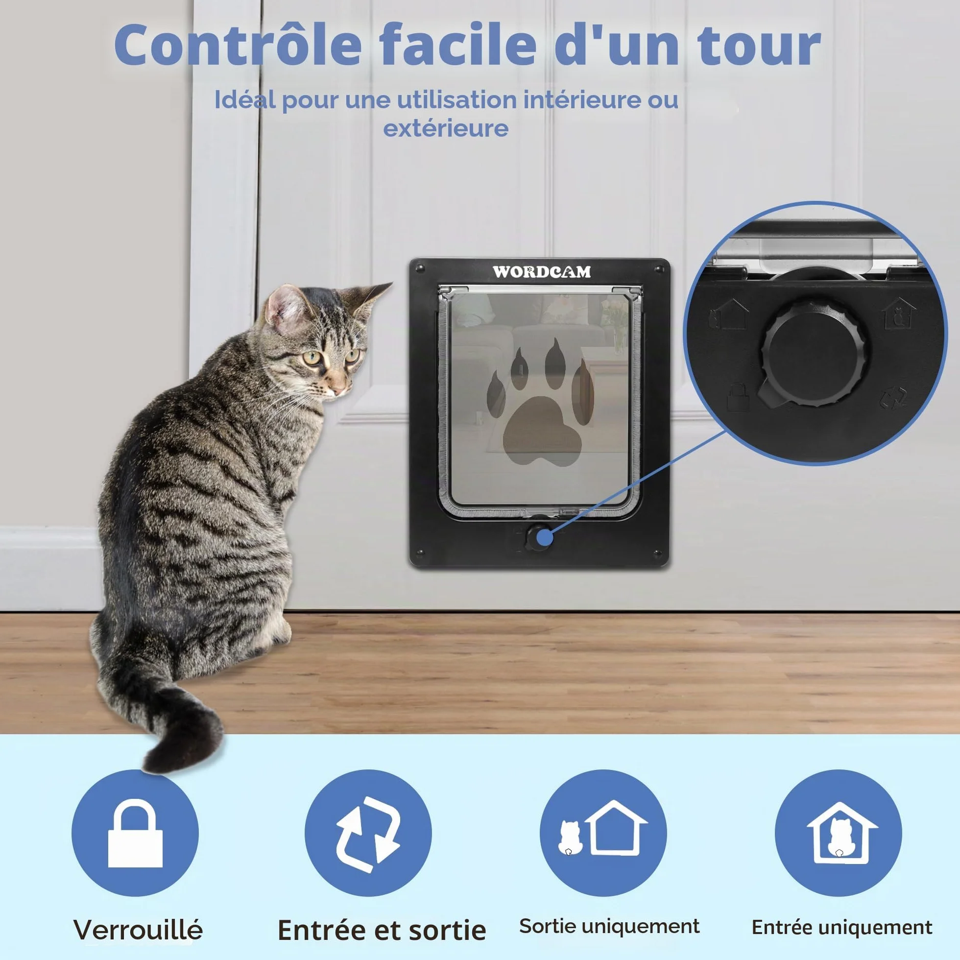 Wordcam porte pour chat XL chatière solide intérieur/extérieur verrouillable 4 voies