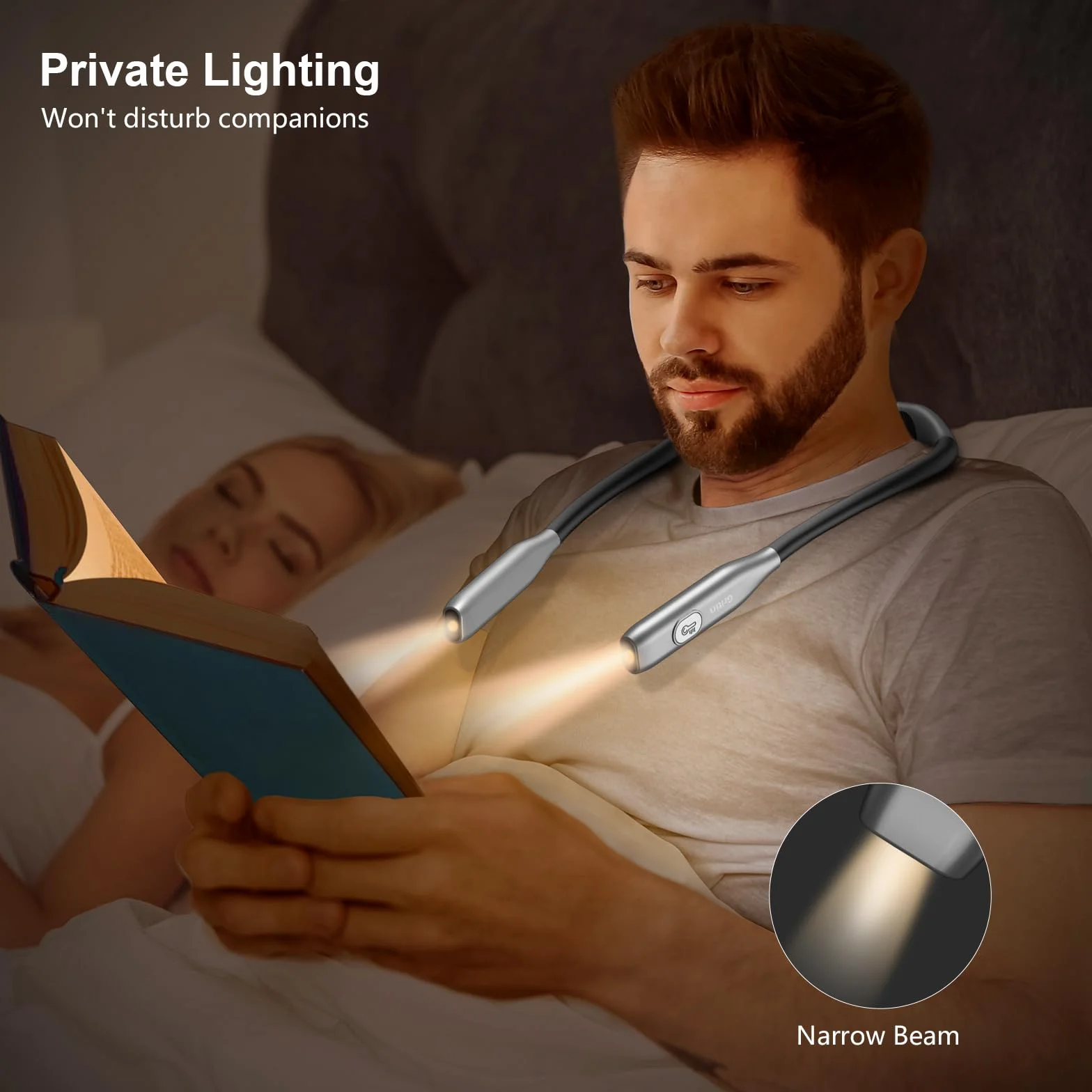 Gritin Lampe de Lecture de Cou Rechargeable, Liseuse pour Lire au Lit, Gradation Continue & 3 Couleurs, Protection des Yeux, 80H Autonomie, Cou Ergonomique Gris