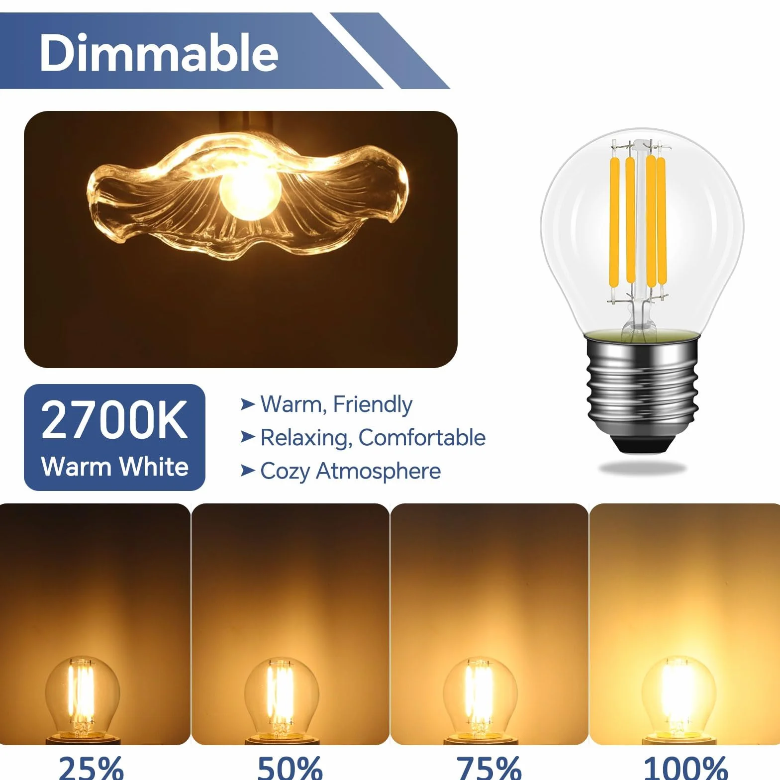 Lot de 4 Ampoule LED E27 4W Filament Dimmable Blanc Chaud 2700K 400 Lumen G45/P45 Forme Vintage