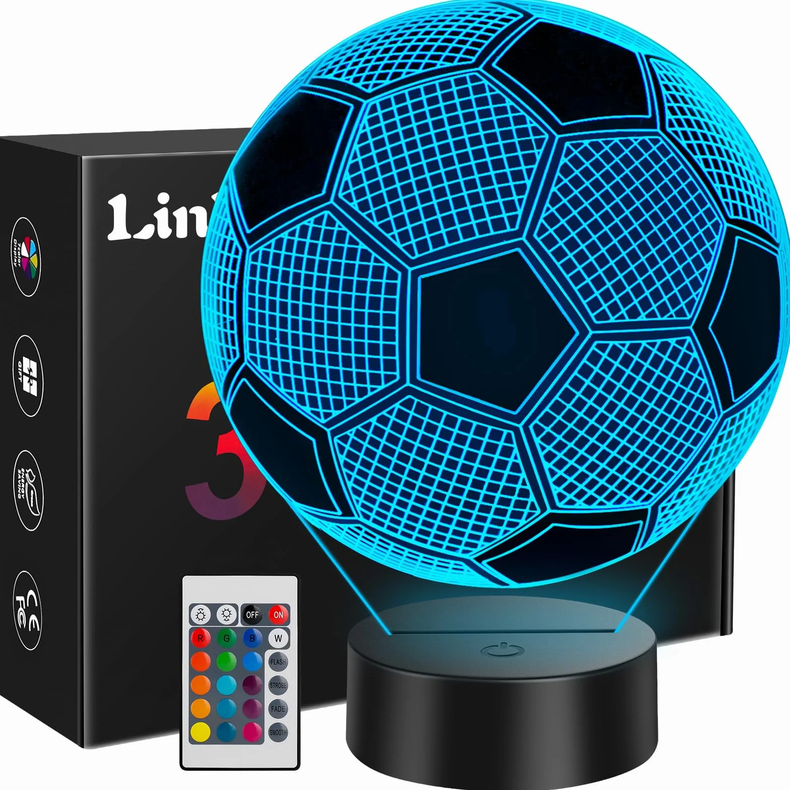 Linkax Veilleuse Enfant Foot Football 3D Illusion Lampe de Chevet LED 16 Couleurs Télécommande Cadeau Garçon 7-12 Ans