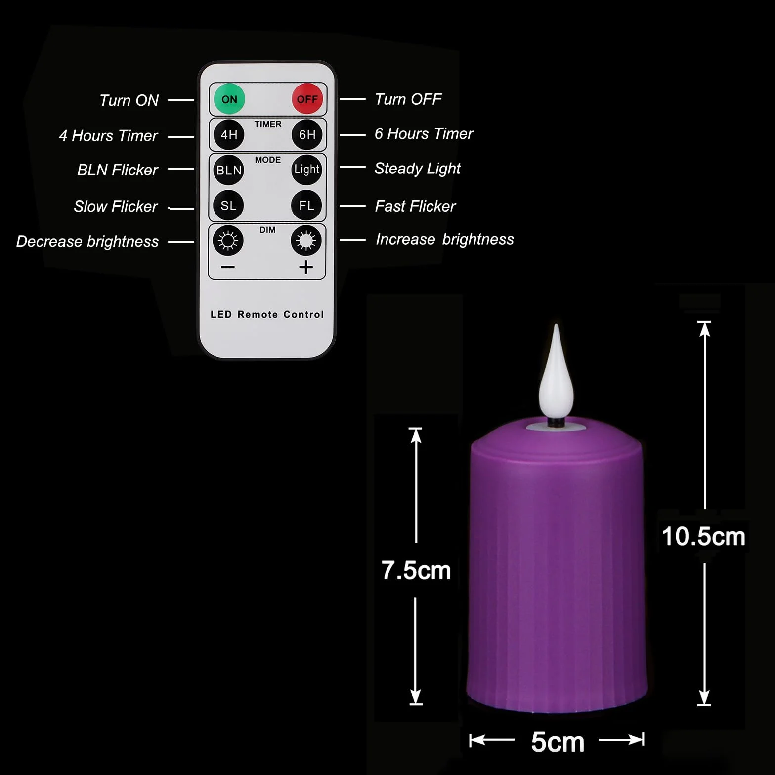 FREEPOWER Lot de 4 bougies LED violettes vacillantes avec télécommande et minuteur pour extérieur, alimentées par piles