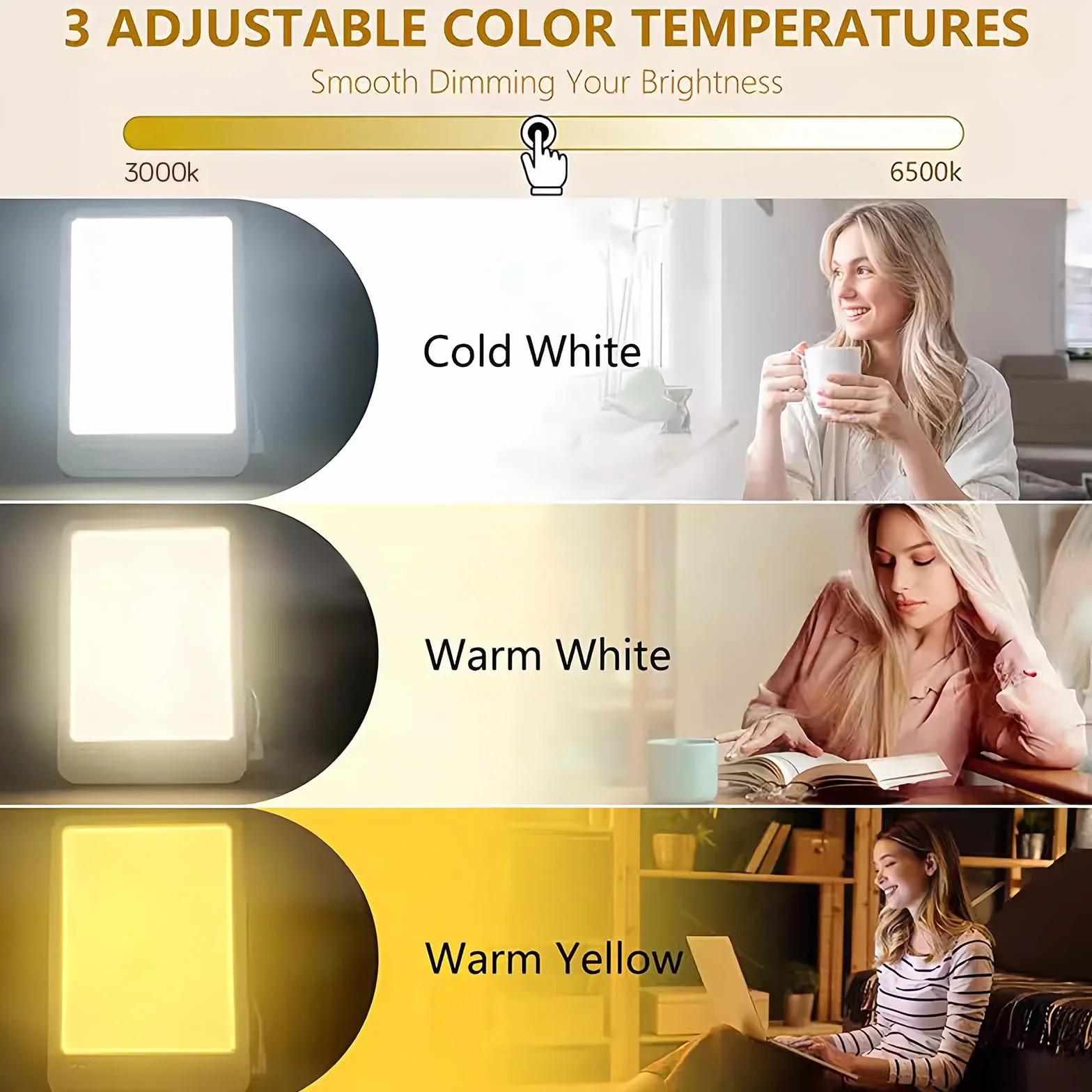 Lampe de luminothérapie 15000 Lux Sans UV, 3 températures de couleur, 5 niveaux de luminosité, mémoire, support pliant 180°