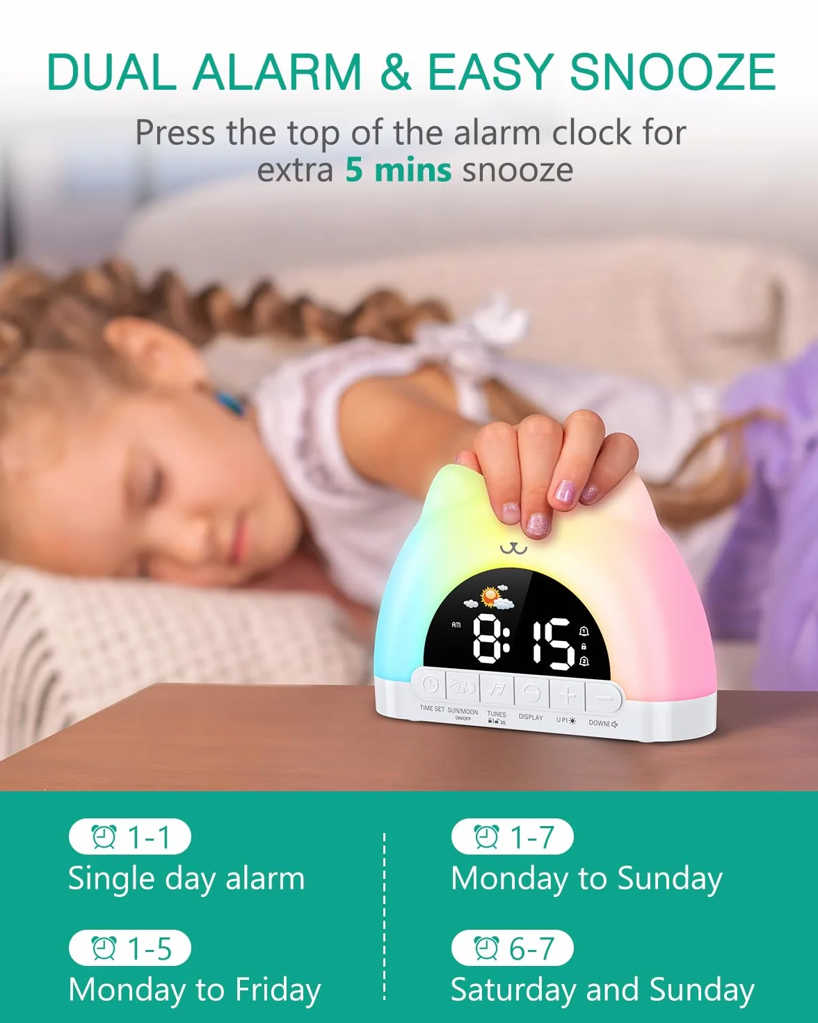 ORIA Réveil Enfant Éducatif Jour/Nuit, Réveil Numérique avec Veilleuse RGB 11 Couleurs, 10 Musiques, Double Alarme