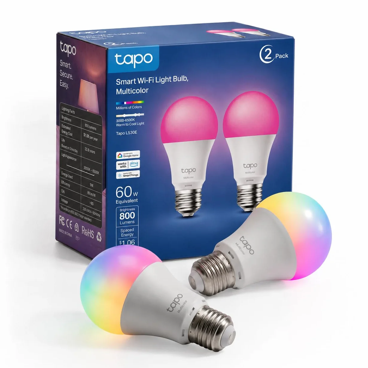 Tapo Ampoule Connectée WiFi LED E27 Multicolore 2500K-6500K Dimmable 8.7W 806Lm Compatible Alexa Google Home L530E 2-pack