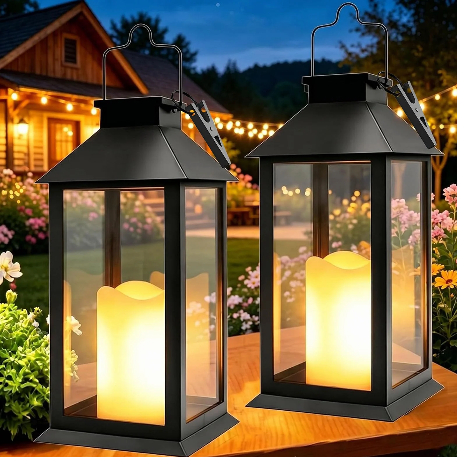 Lanterne Solaire Exterieur 2 Pièces Lampe Solaire avec Bougie Vacillante, Lanterne de Table Étanche Suspension Lampe pour Noël Balcon Jardin Terrasse