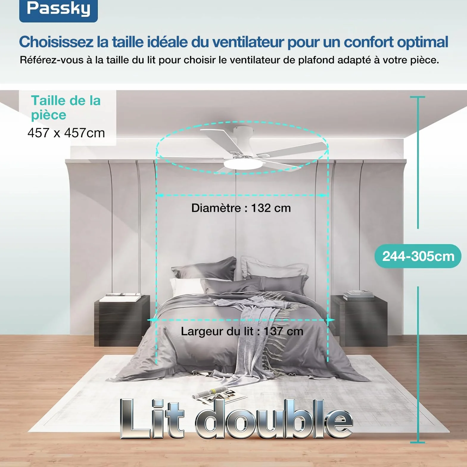 Ventilateur de plafond Passky 132 cm avec éclairage télécommande moteur CC silencieux 5 pales 6 vitesses 3 températures de couleur minuterie blanc