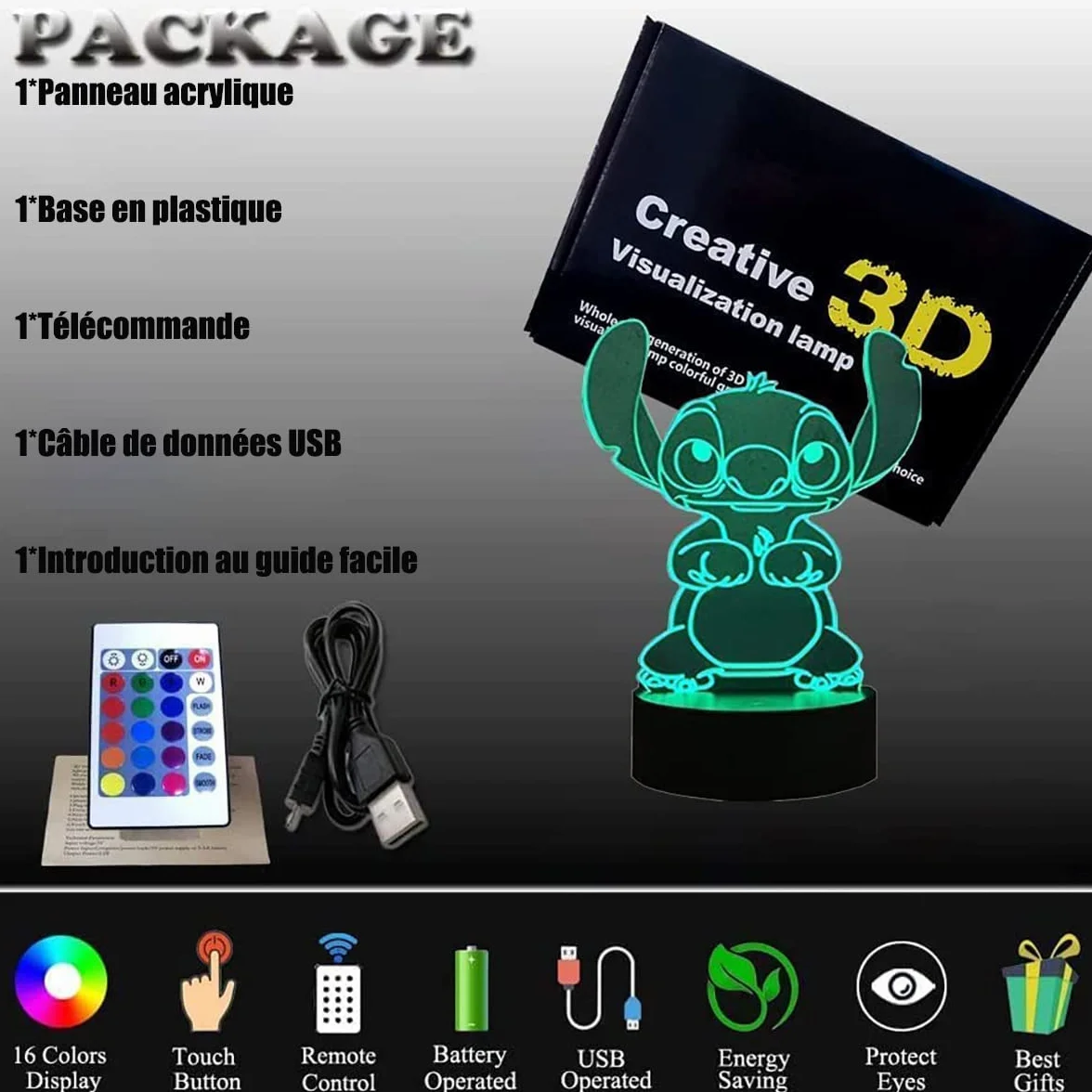LOUHH Lampe Stitch 3D LED Smart Remote Control 16 Couleurs