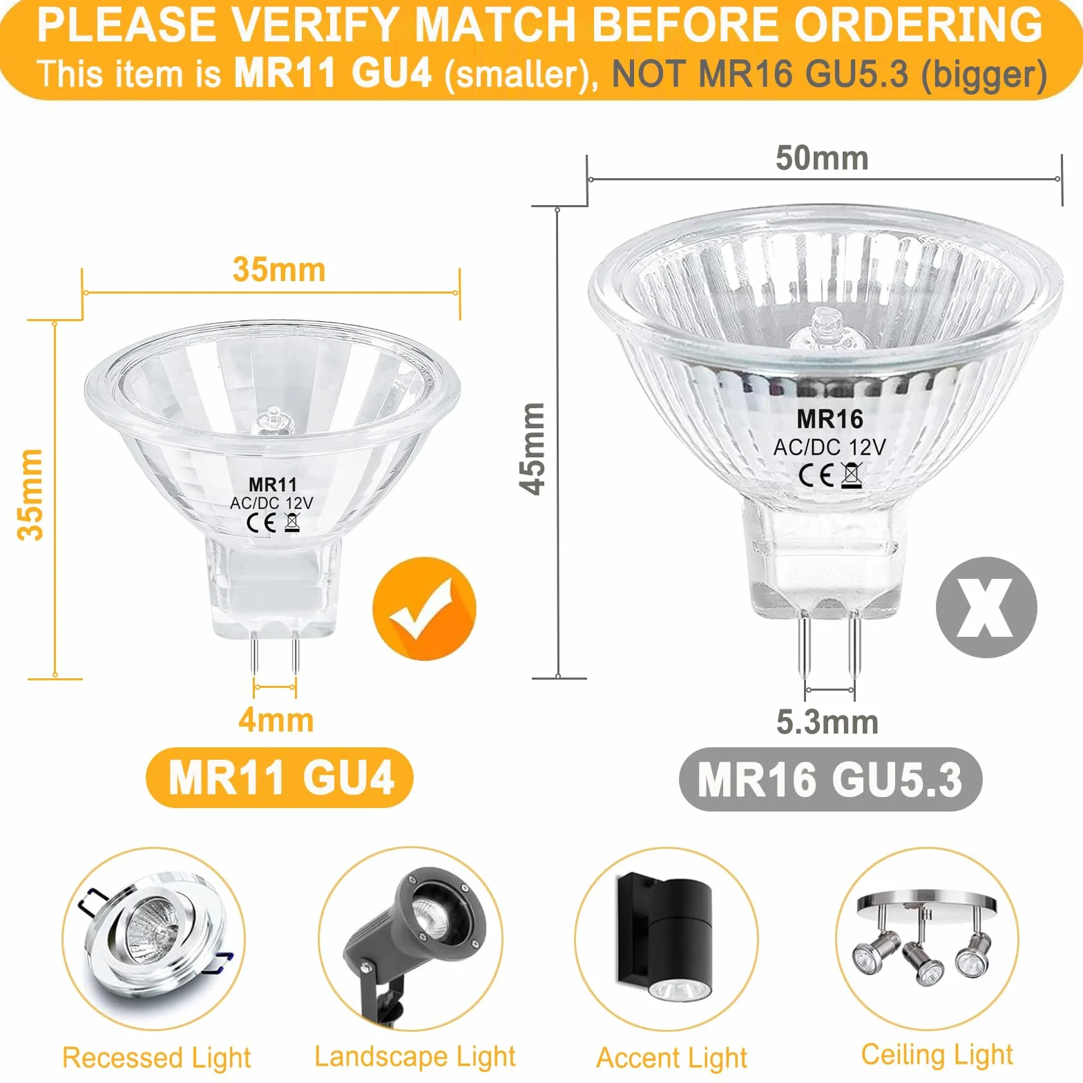 Ampoule Halogène MR11 GU4 12V 20W 35mm Dimmable Blanc Chaud 2700K Lot de 6