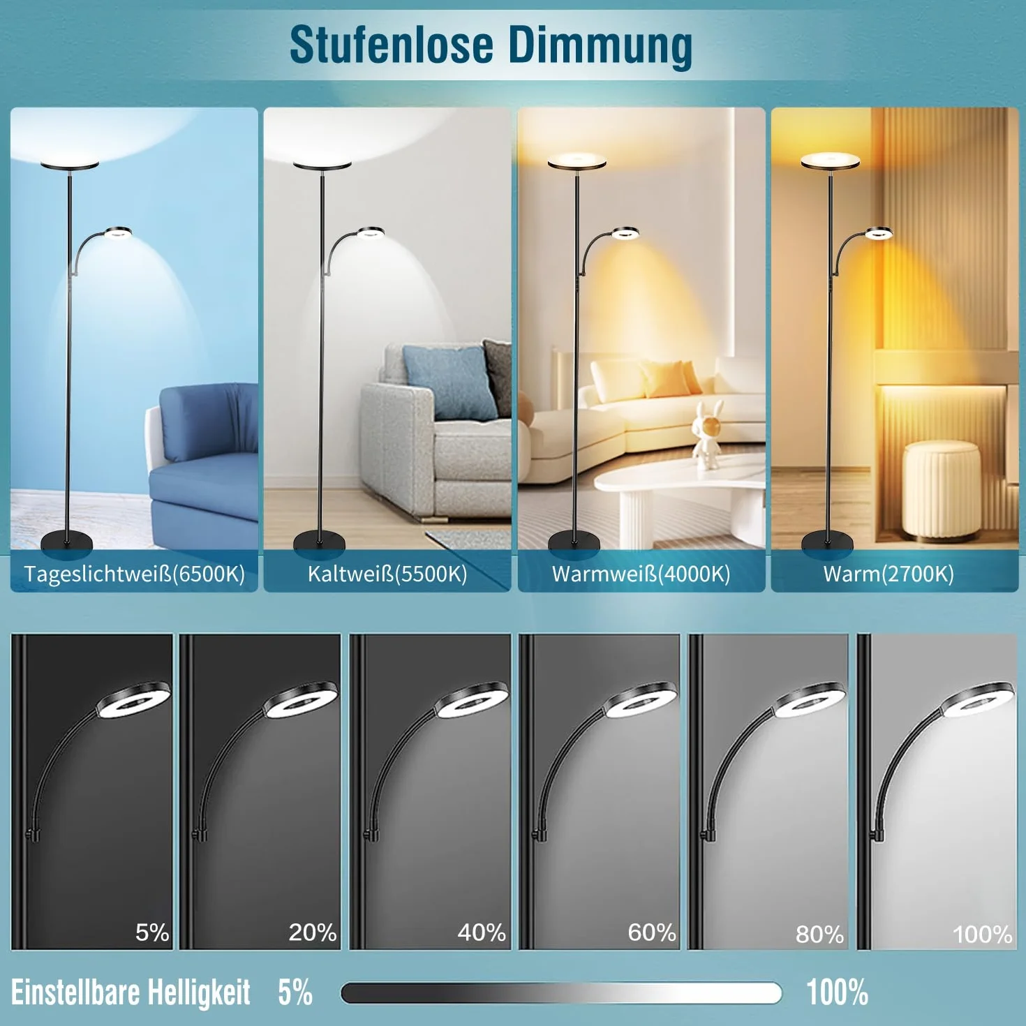Lampadaire LED Dimmable 42W 4500LM 2700K-6500K avec Télécommande et Contrôle Tactile pour Salon Chambre Bureau