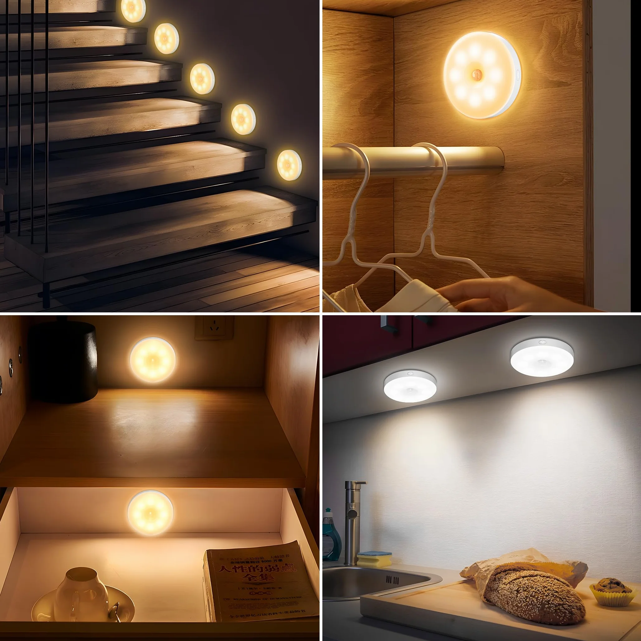 daphomeu 6Pcs Lampe Détecteur de Mouvement Intérieur, Veilleuse pour Couloir Cuisine Escalier Chambre Armoire