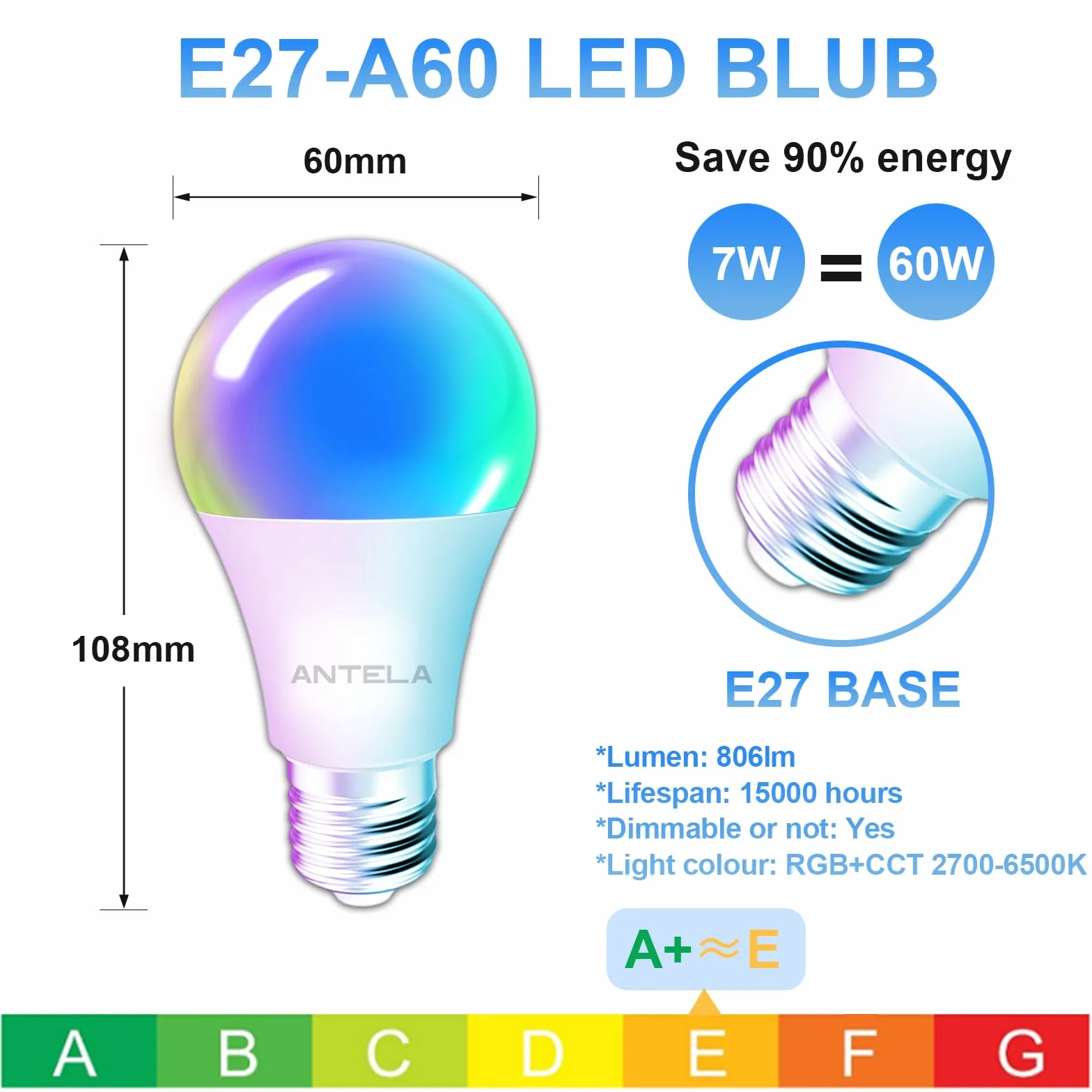 Ampoule Connectée E27 WiFi 7W 806LM Ampoule LED Intelligente RGB+CCT 2700K-6500K Compatible Alexa Google Home 2PCs