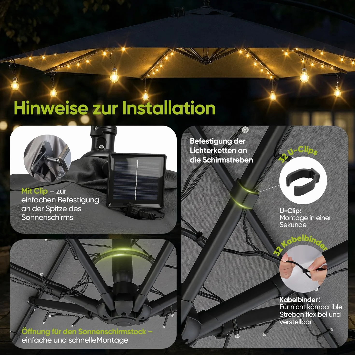 Sekey Lampe Parasol LED Solaire 136 LEDs 8 Ampoules Guirlande Lumineuse 8 Modes Télécommande