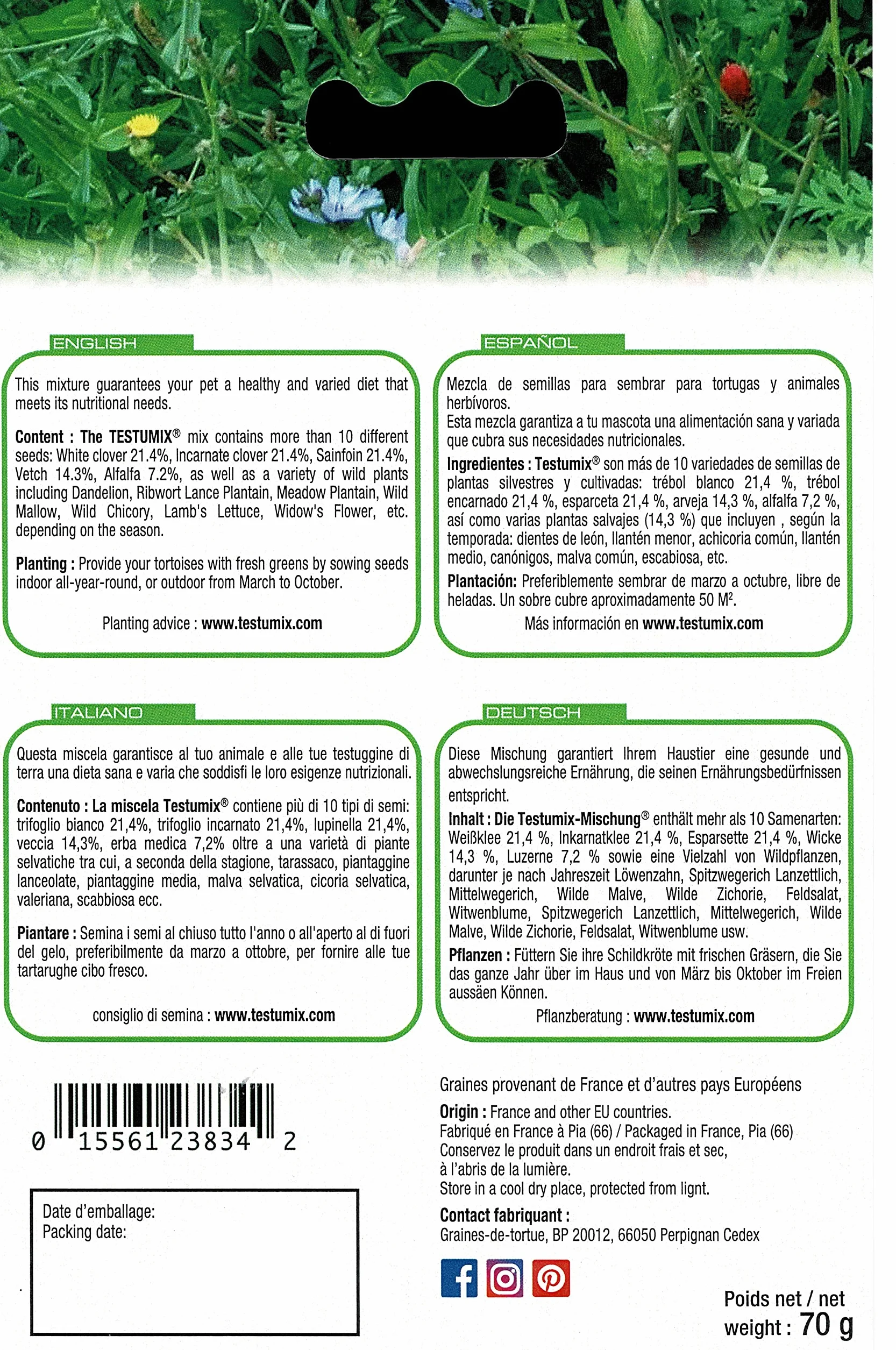 TESTUMIX Mélange de graines à semer pour Tortues, Reptiles, Lapins, Poules, Abeilles 70g