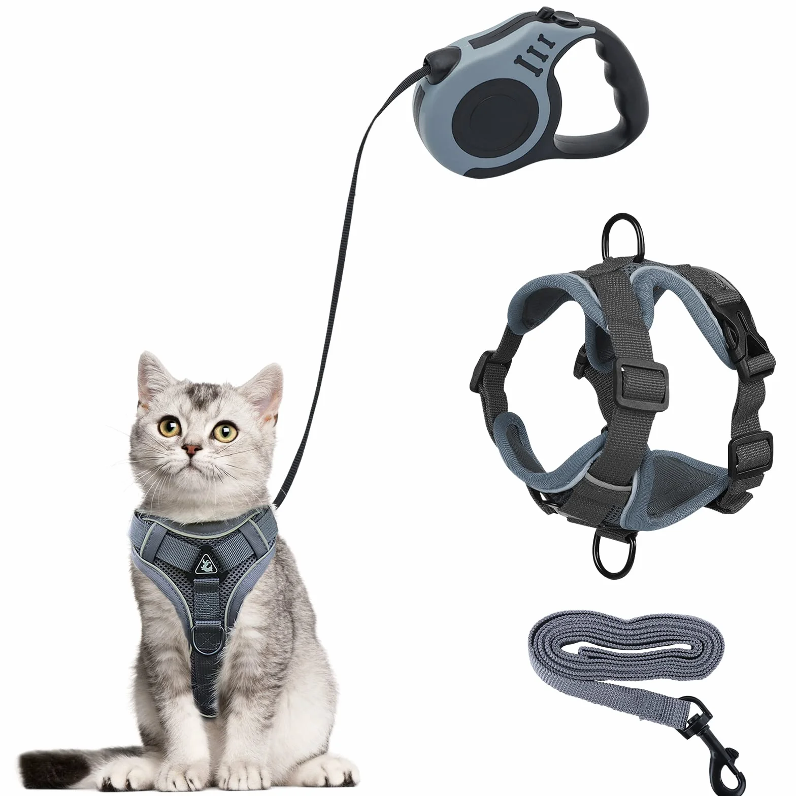 Harnais pour Chat avec Laisse Enrouleur 5m, Anti-éclatement, Réglable Filet Respirant pour Chaton Chiot (Gris, M)
