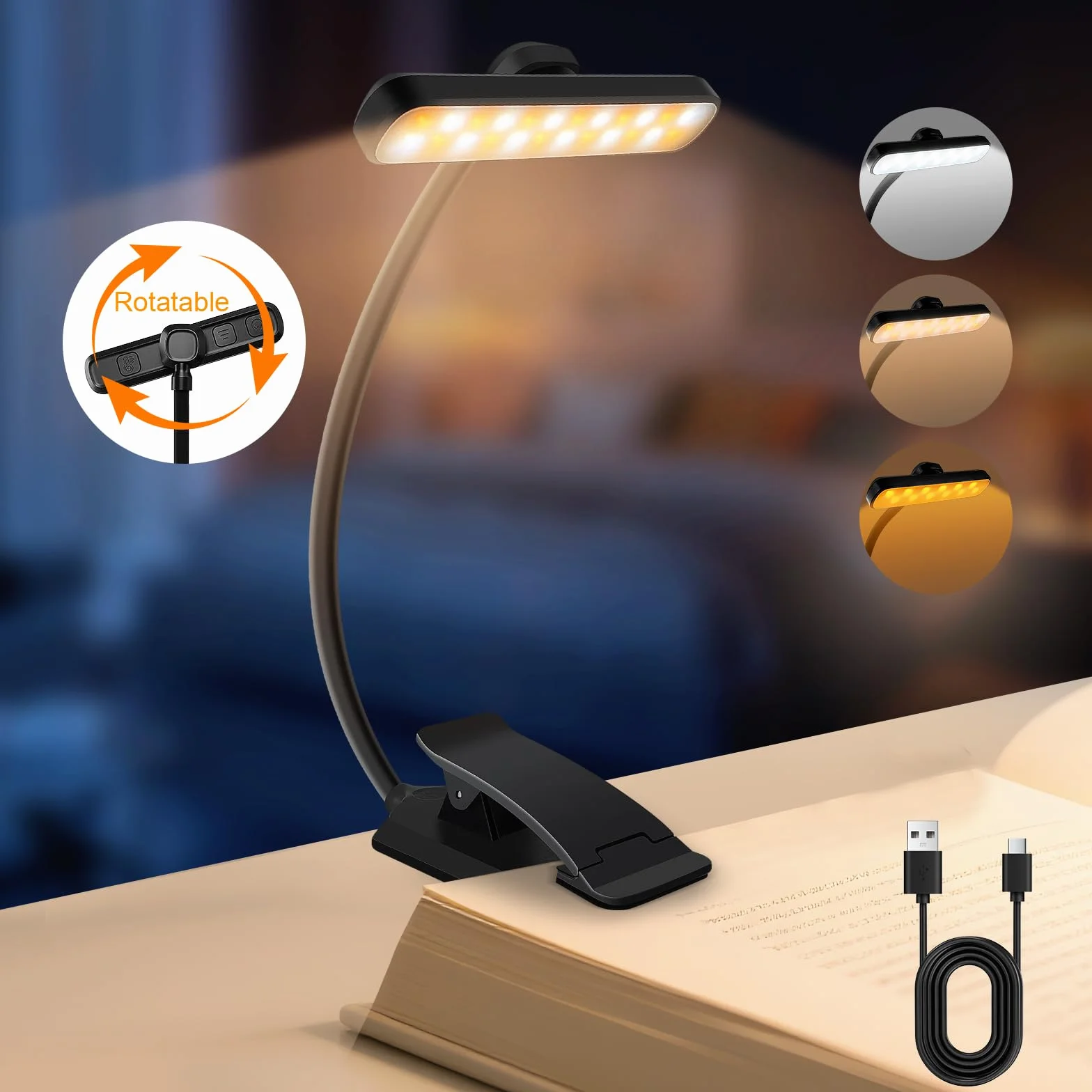 Karidi Lampe de Lecture 24 LED Rechargeable, Liseuse Clip Rotative 315°, 5 Luminosités 3 Couleurs, 360° Cou Flexible Noir