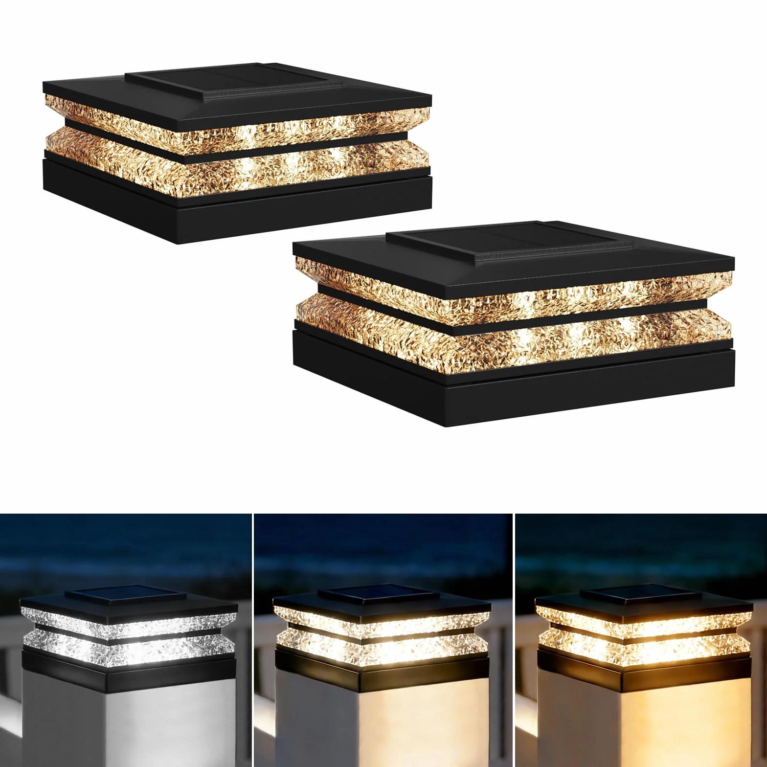 Lampe Solaire Chapeau de Poteau Lot de 2, 9x9-13x13 cm, 3 Modes d'Éclairage, Étanche pour Jardin Terrasse Clôture