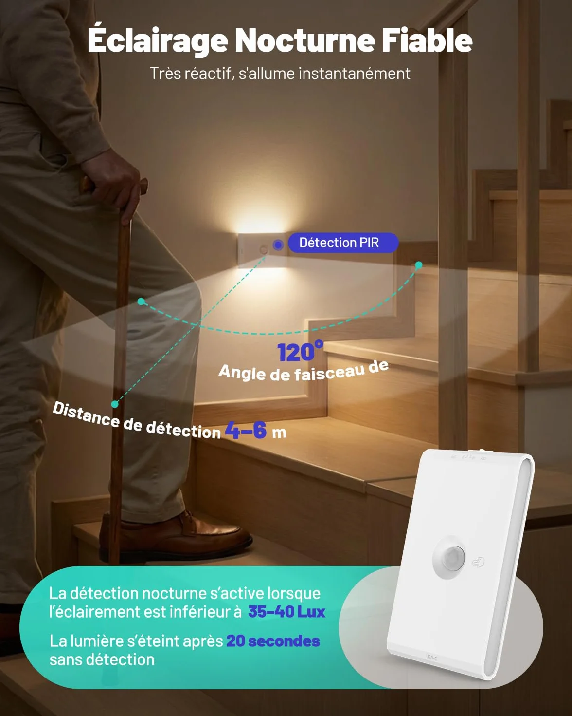 Veilleuse Détecteur de Mouvement Capteur Crépuscule Lampe Rechargeable USB 3 Mode AUTO ON/OFF LED Intérieur Réglable 3 Températures Couleur Lot de 4