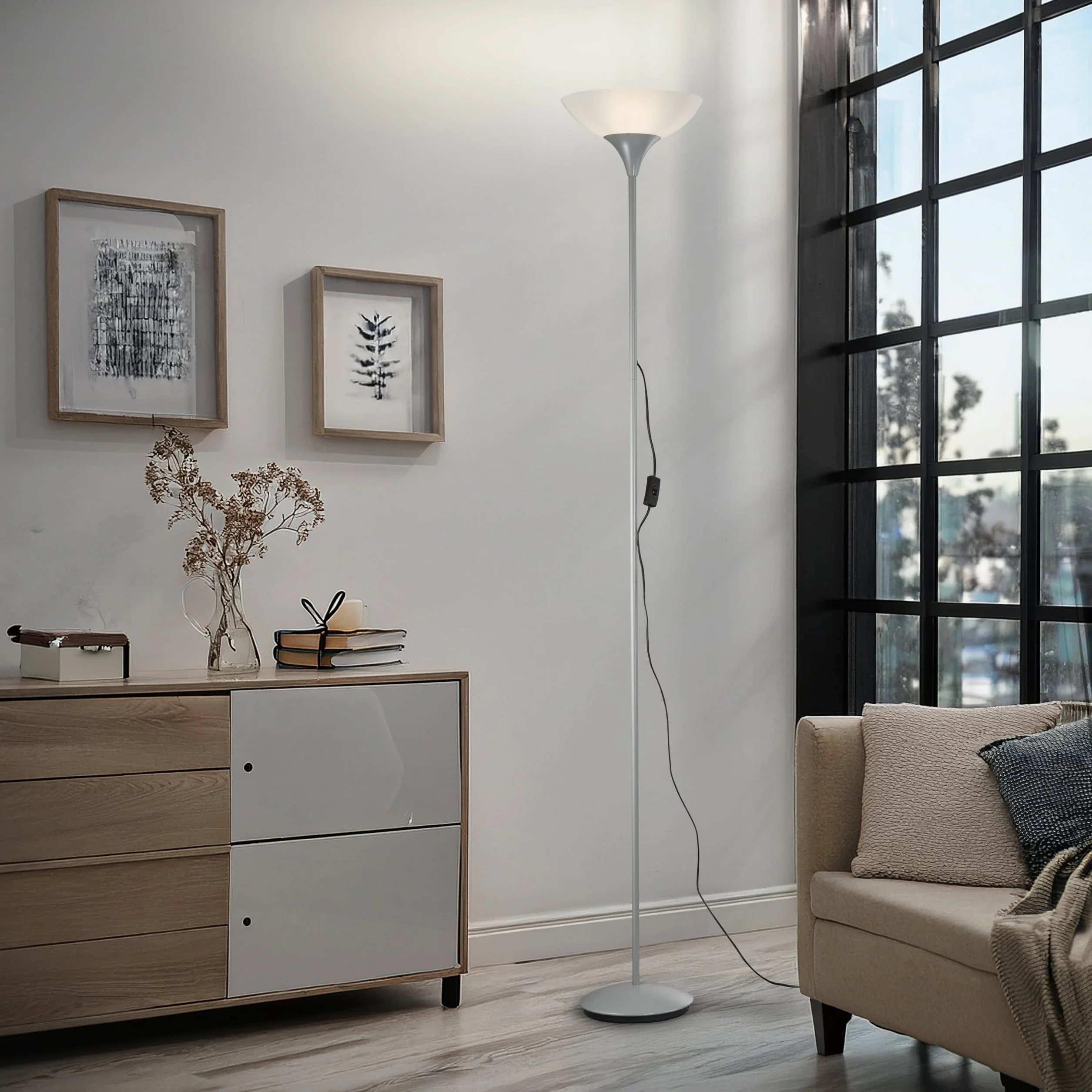 Lampadaire Dezwo 1xE27 Plastique Blanc Métal Titane Ø230mm H180cm IP20 Interrupteur