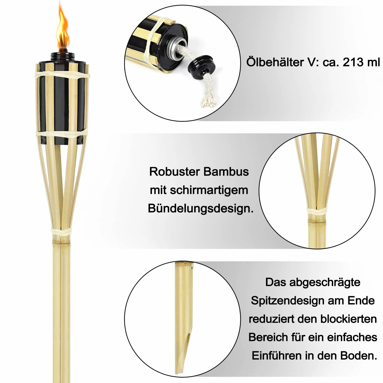 Lot de 12 Torches de Jardin en Bambou pour Extérieur - Torches à Huile avec Mèche, Hauteur 90 cm