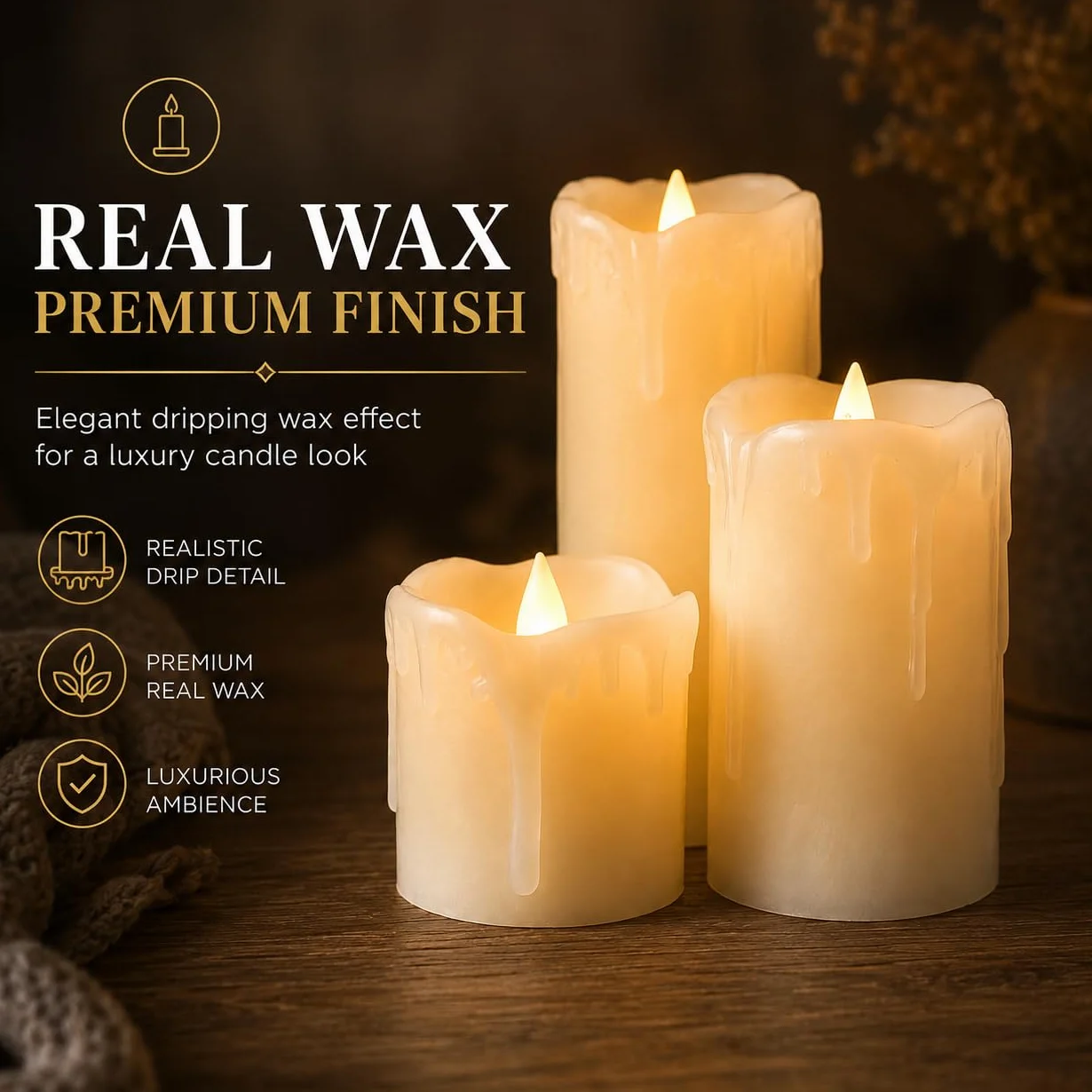 Festive Lights Lot de 3 Bougies LED Effet Flamme Vacillante Cire Effet Fondu Pilier