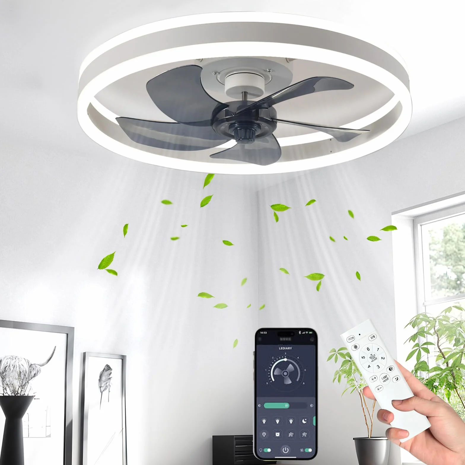 Ventilateur de Plafond Silencieux 50cm avec Lumiere et Telecommande, 6 Vitesses, LED Dimmable, 3 Températures de Couleur