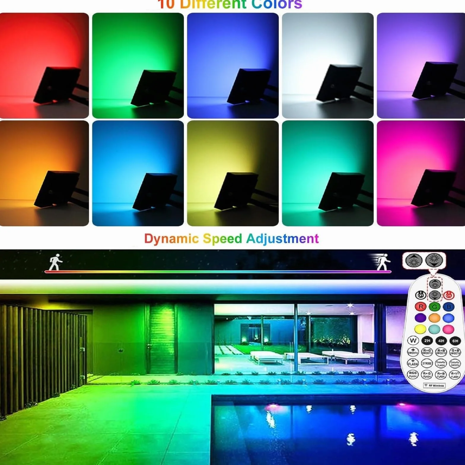 MEIHUA Projecteur RGB Exterieur 35W IP66 Étanche Spot LED 12 Modes 10 Couleurs 360° RF Telecommande