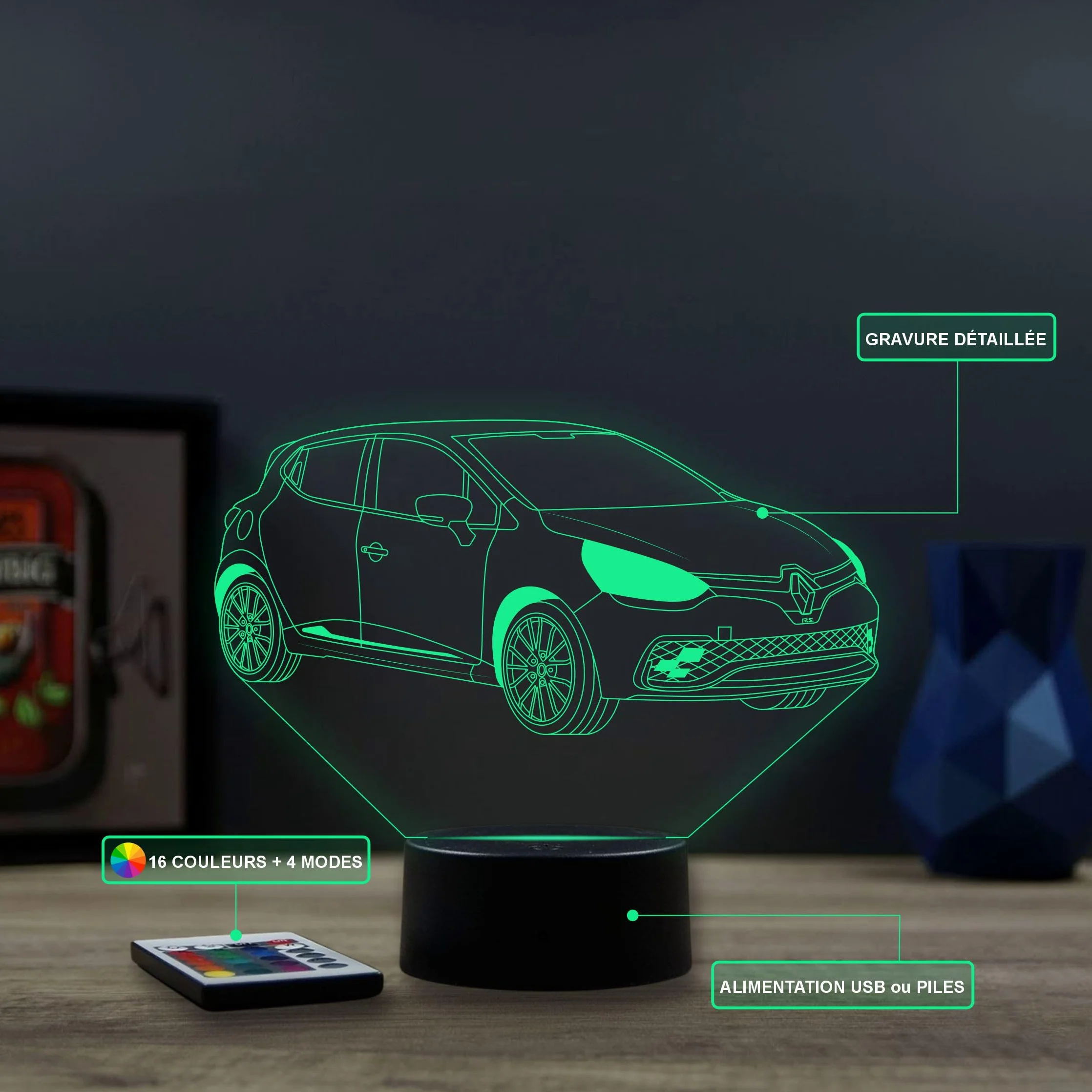Le Illusion 3D Renault Clio 4 RS Veilleuse LED 16 Couleurs 4 Modes Télécommande Made in France