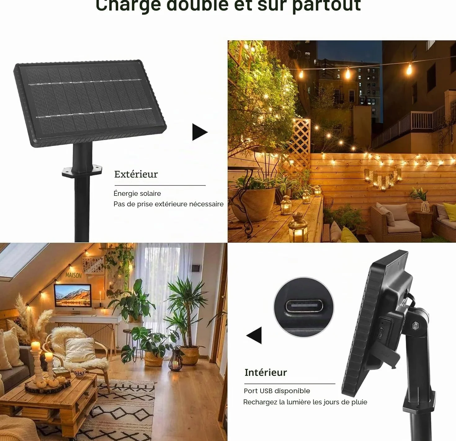 Guirlande lumineuse solaire d'extérieur 15 m IP45 2700 K Blanc chaud