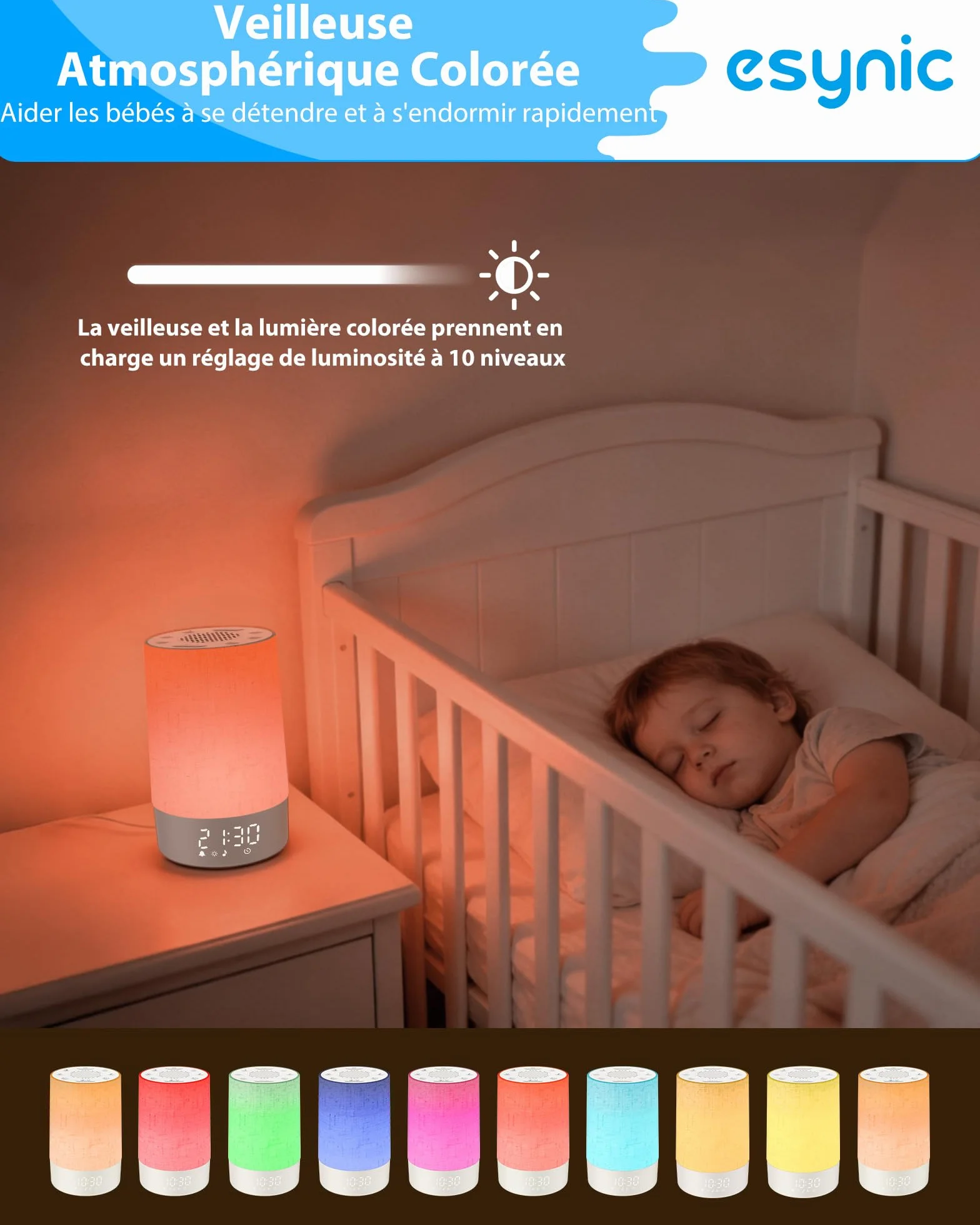 eSynic Réveil Lumineux Simulateur d'Aube 30 Sons Blanc Bruit 10 Couleurs Luminosité Volume Réglable Snooze Minuteur