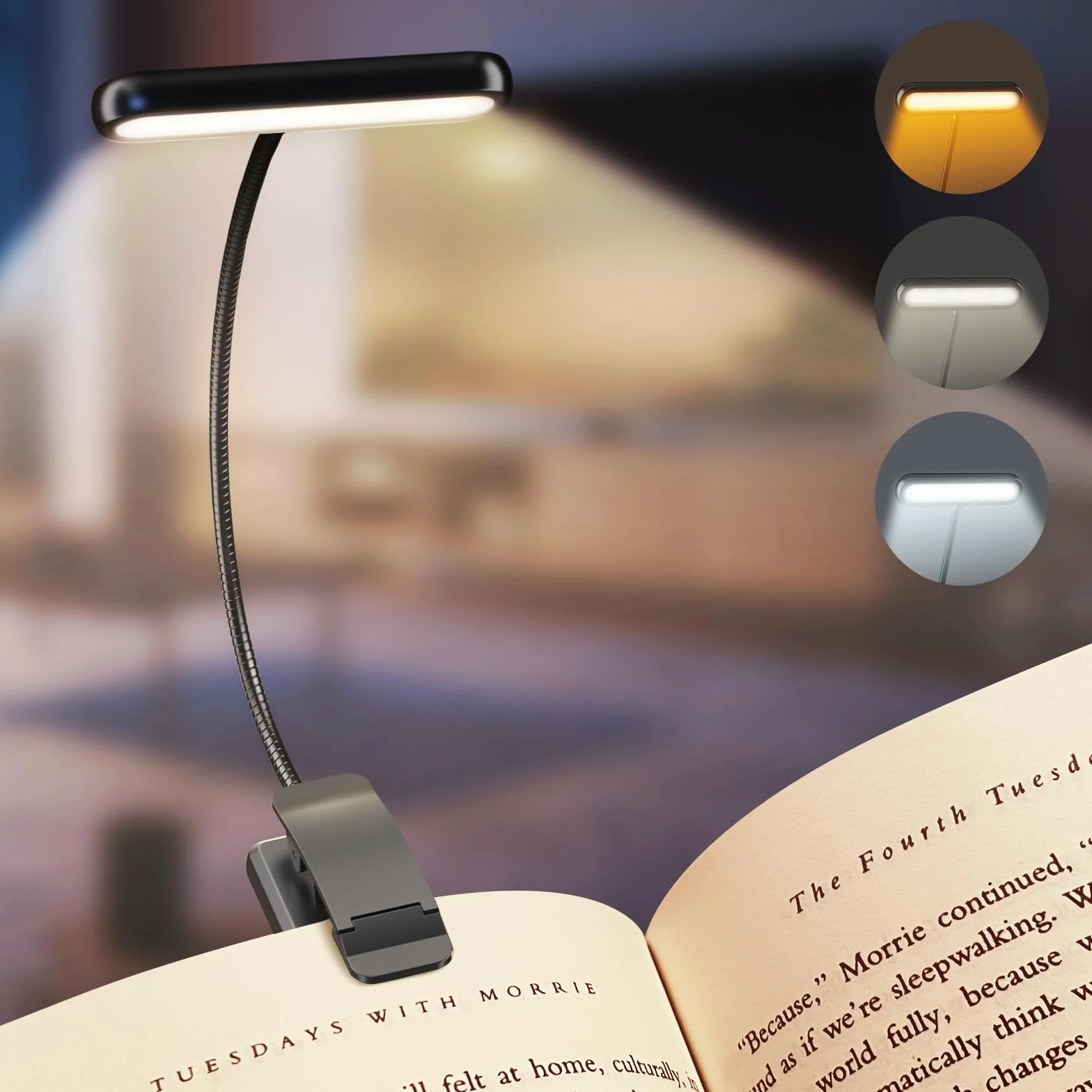 iFalarila Lampe de Lecture Rechargeable avec Câble Type-C, Liseuse Lampe Clip 3 Couleurs 10 Luminosités Mini Veilleuse Flexible Col de Cygne Pince