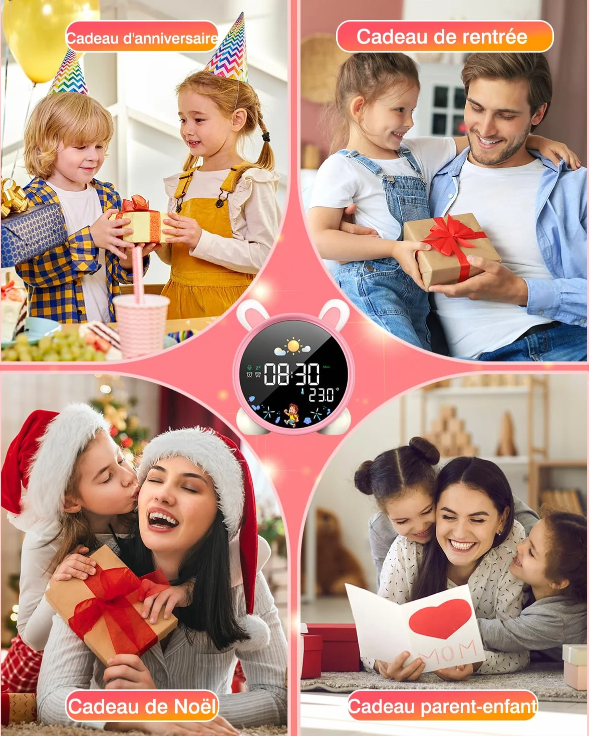 LEMNOI Réveil Educatif Jour Nuit Enfant Chatte LED Lampe de Chevet avec Musique Double Alarme Température Fonction Snooze Lapin