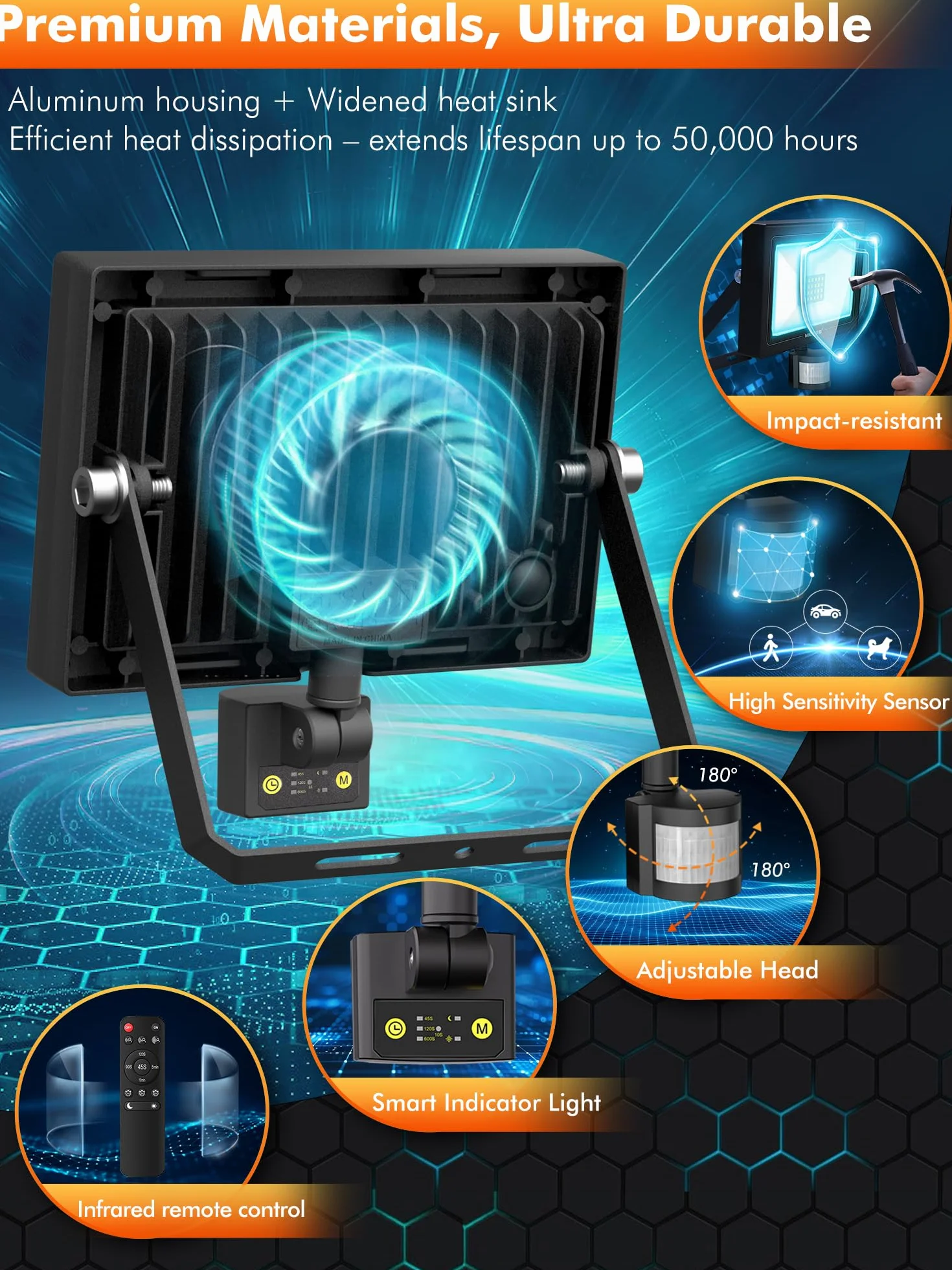 MEIKEE Projecteur LED Extérieur 60W 5640LM 6500K Blanc Froid Détecteur de Mouvement IP66 Étanche Télécommande 4 Modes