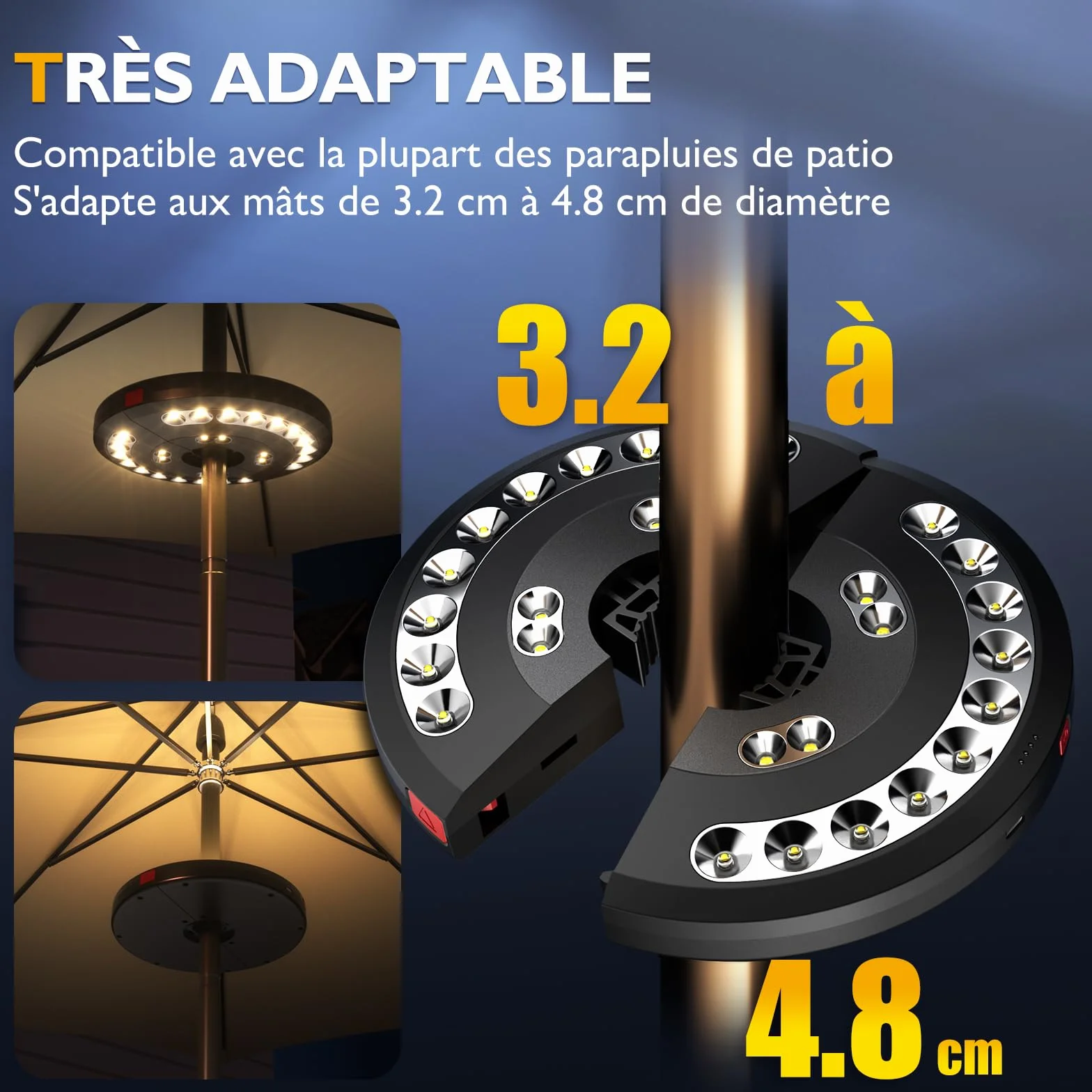 Lampe Parasol Rechargeable 28 LED 3 Modes Haute Luminosité Éclairage Extérieur Jaune