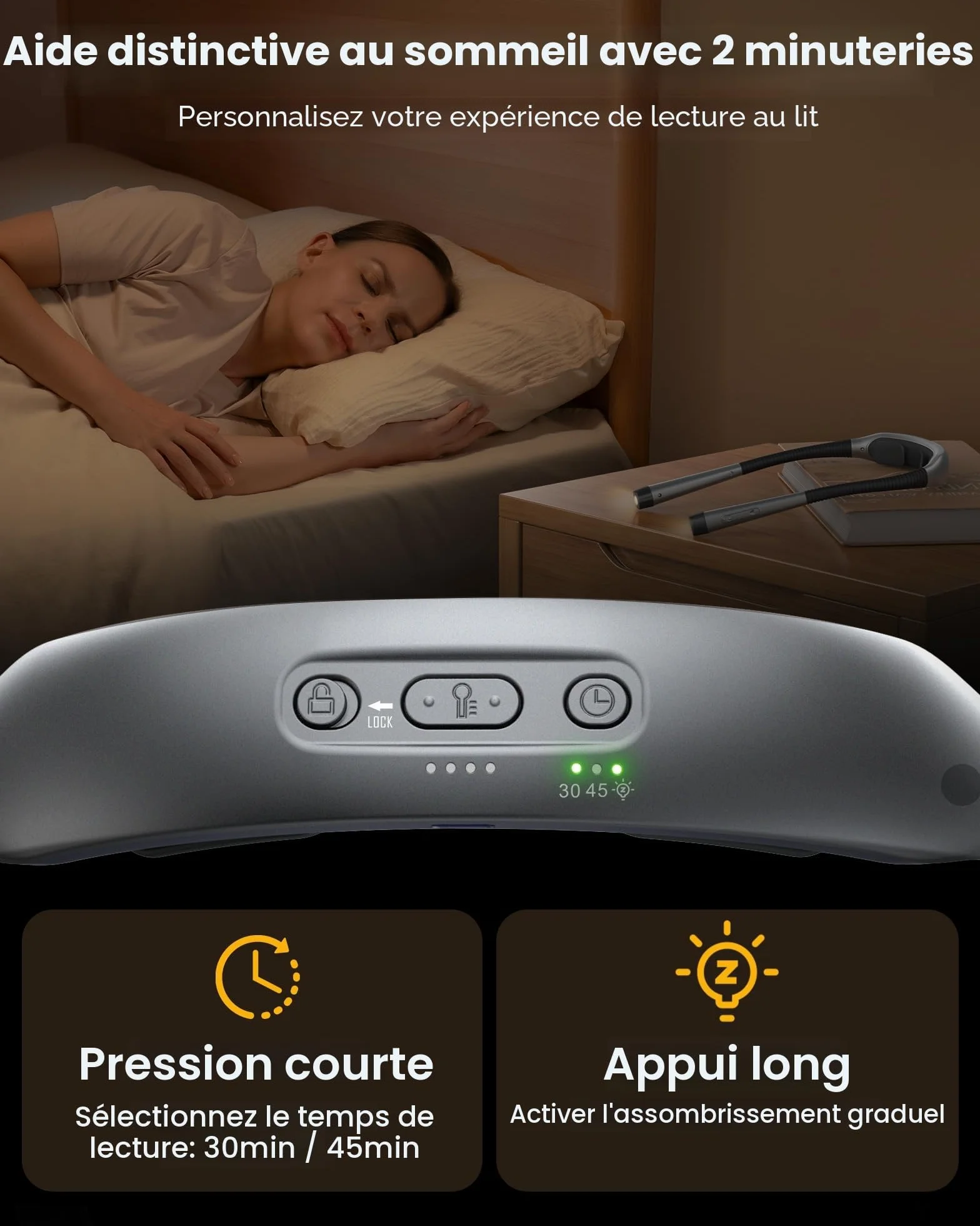 Glocusent Lampe tour de cou, lampe de lecture 3 couleurs 5 niveaux luminosité, rechargeable 100 heures