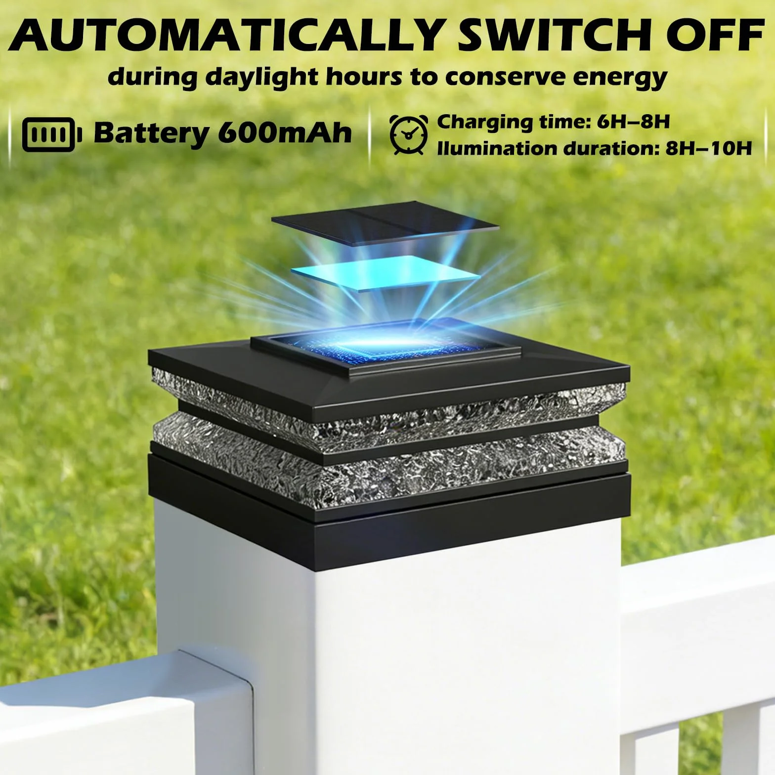 Lampe Solaire Chapeau de Poteau Lot de 2, 9x9-13x13 cm, 3 Modes d'Éclairage, Étanche pour Jardin Terrasse Clôture