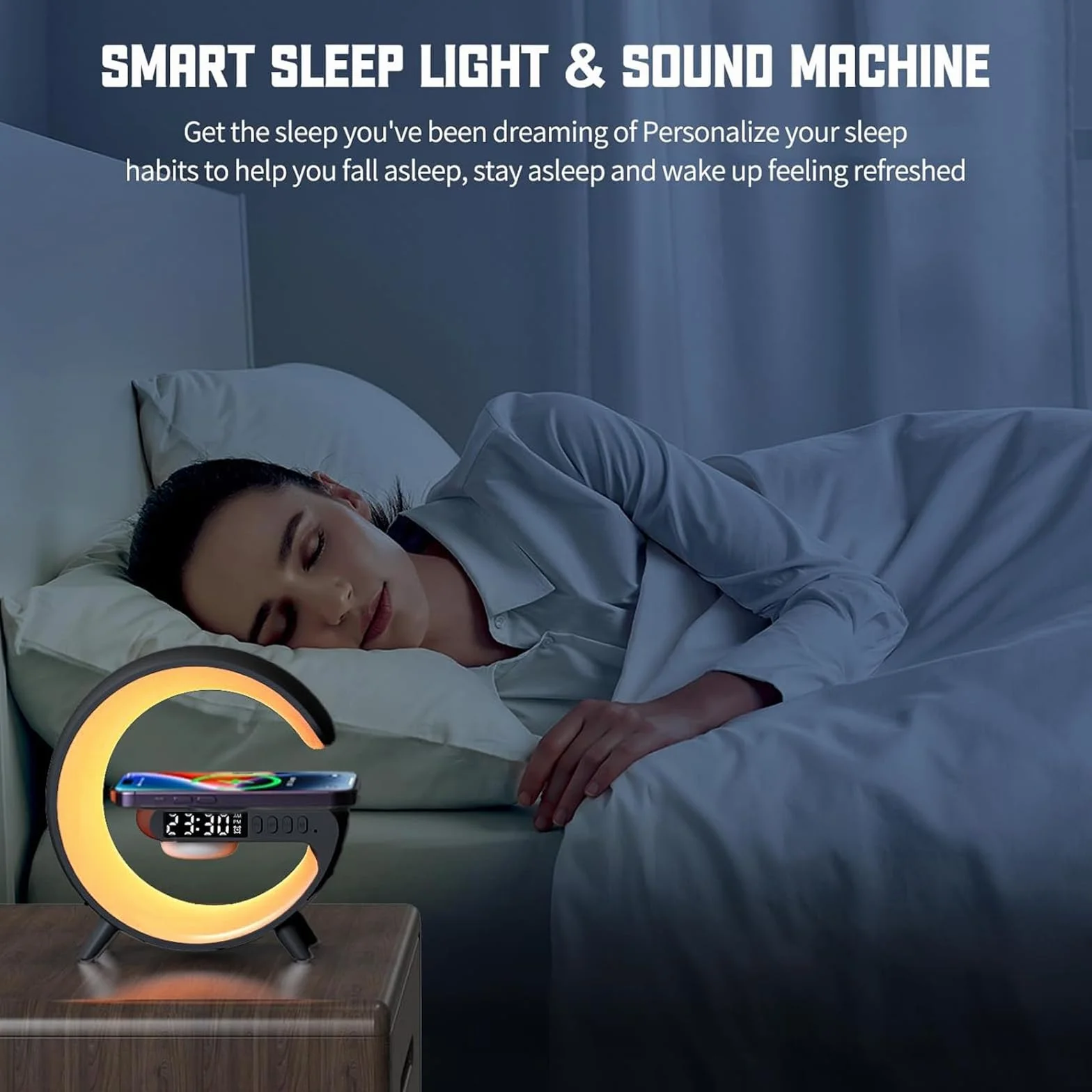 Lampe de Table Intelligente avec Charge Sans Fil et Haut-Parleur Bluetooth, Réveil Simulateur d'Aube Noir