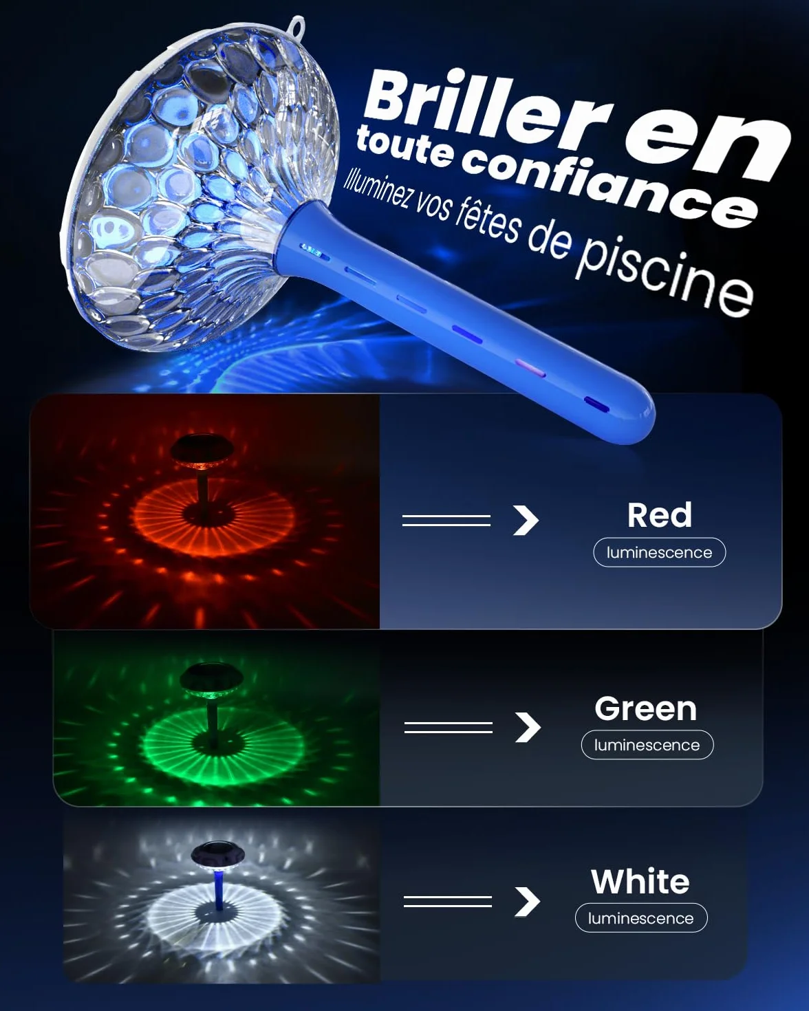 Lampe de piscine solaire avec thermomètre LCD, 8 effets lumineux, étanche IPX7