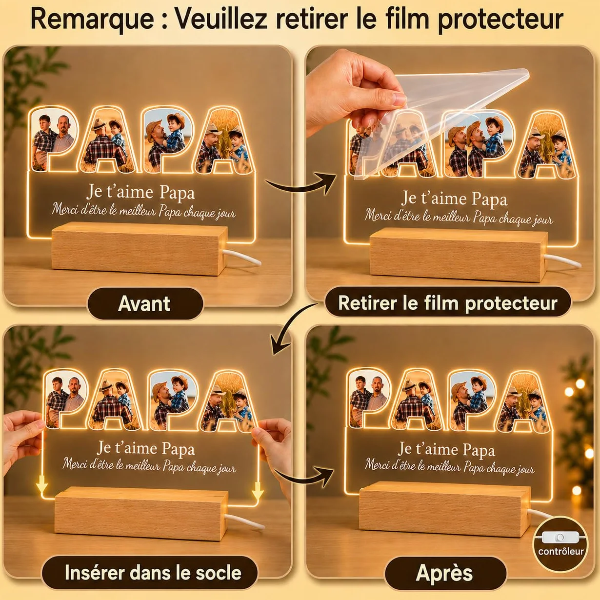 Bemaystar Lampe Personnalisé Cadeau Fête des Pères Cadre Photo pour Papa