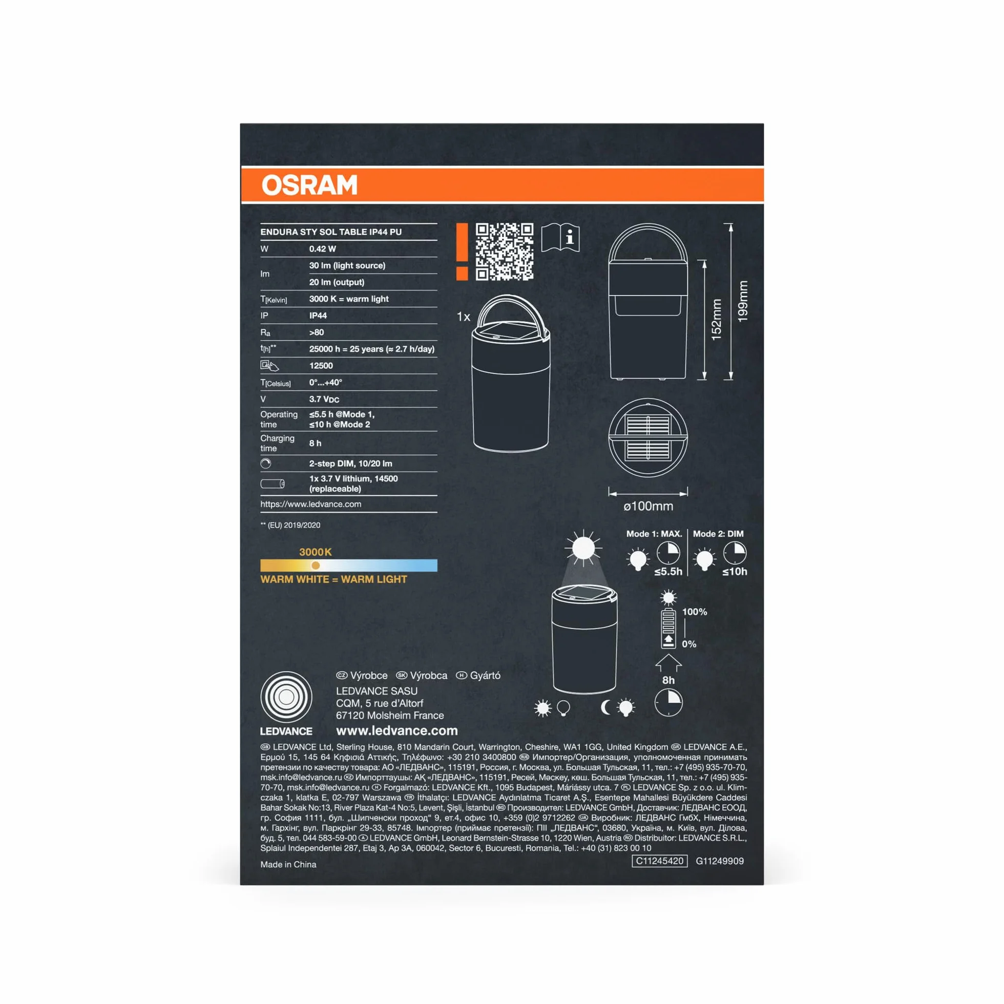 Osram Lampe de Table ENDURA STYLE SOLAR 0.42W 20lm 3000K Blanc Chaud Dimmable IP44 Plastique Violet