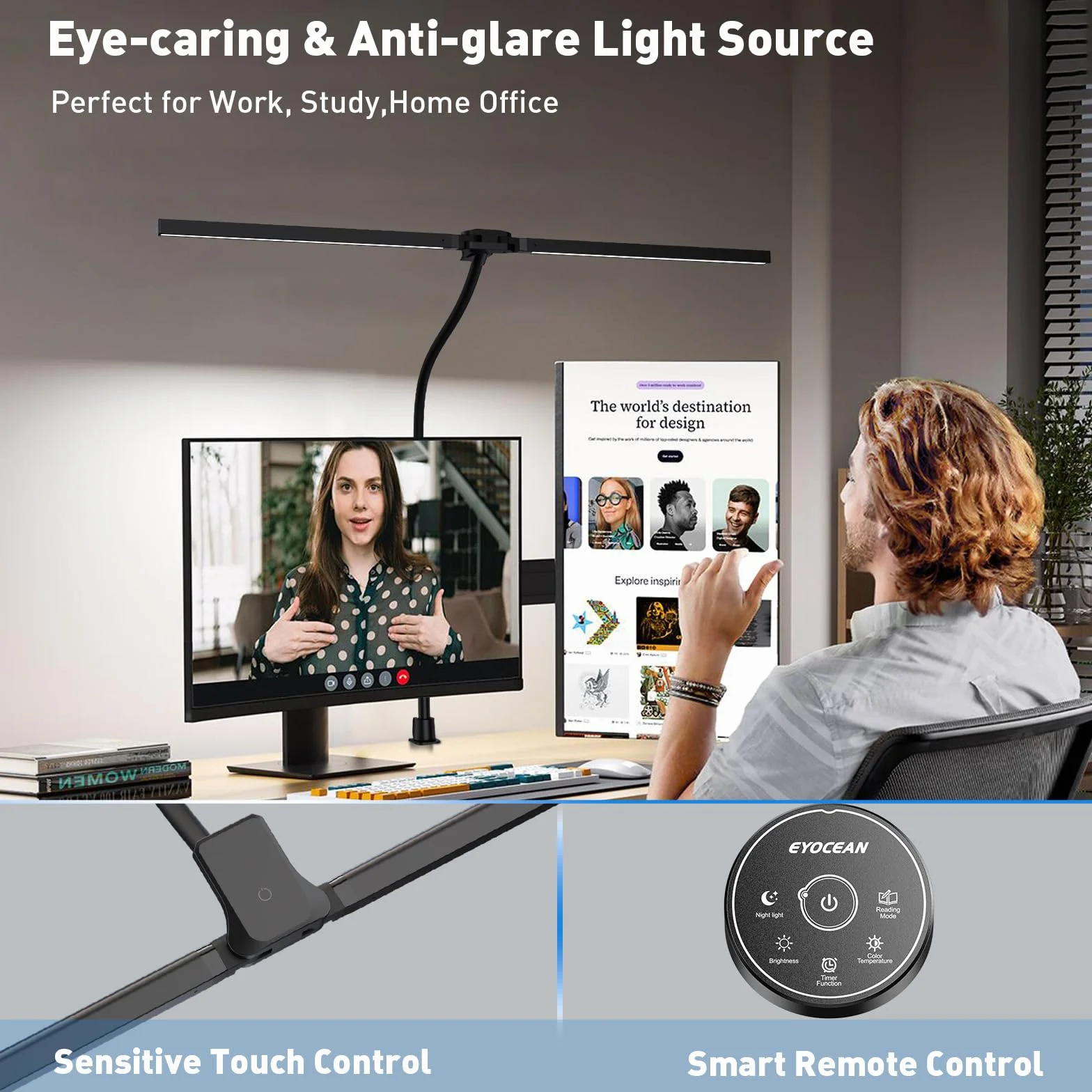 EYOCEAN Lampe de bureau 24 W 80 cm double tête pince télécommande intensité variable col de cygne protection des yeux Noir