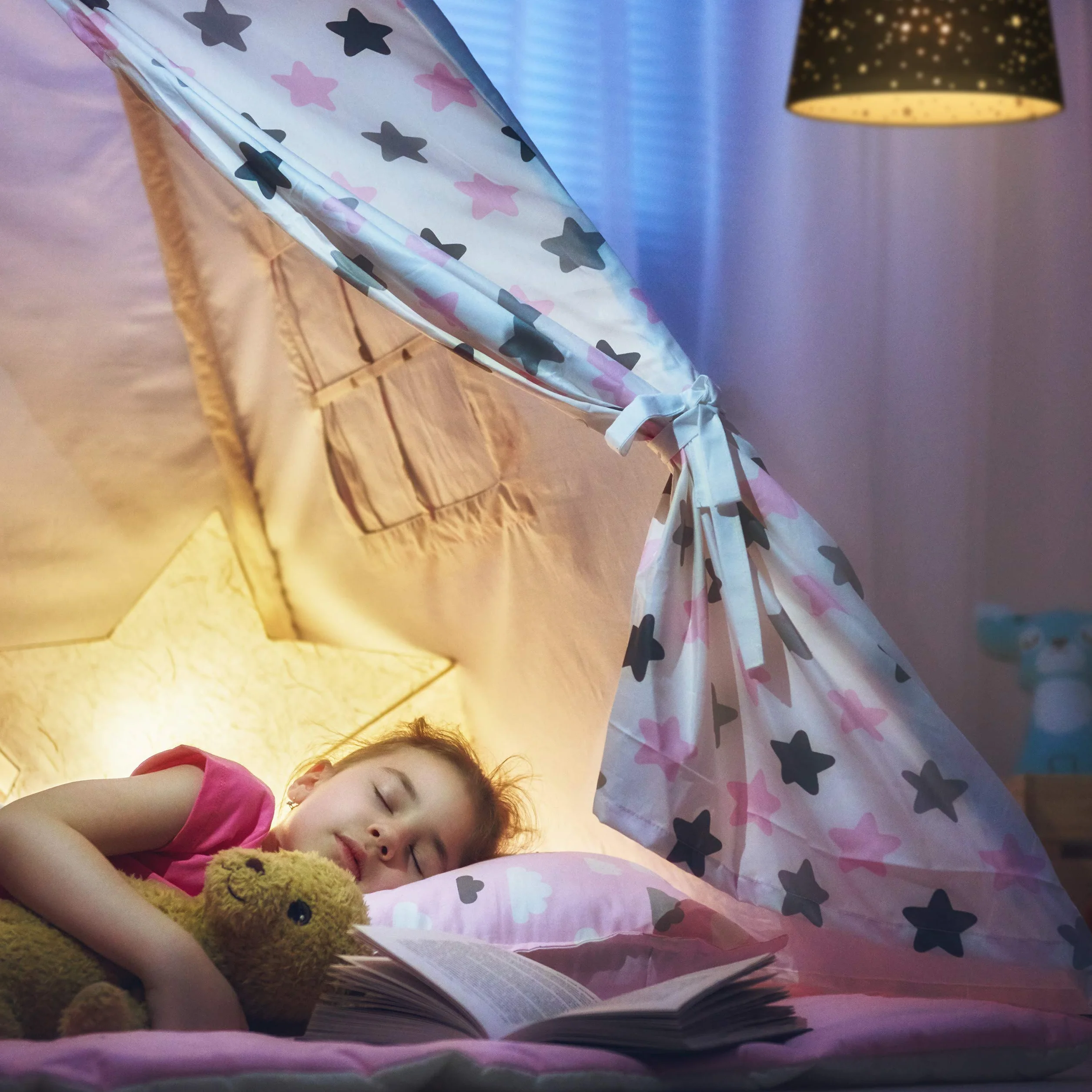 Relaxdays Lampe chambre motif ciel étoilé enfants abat-jour rond rose 122 x 27 x 27 cm