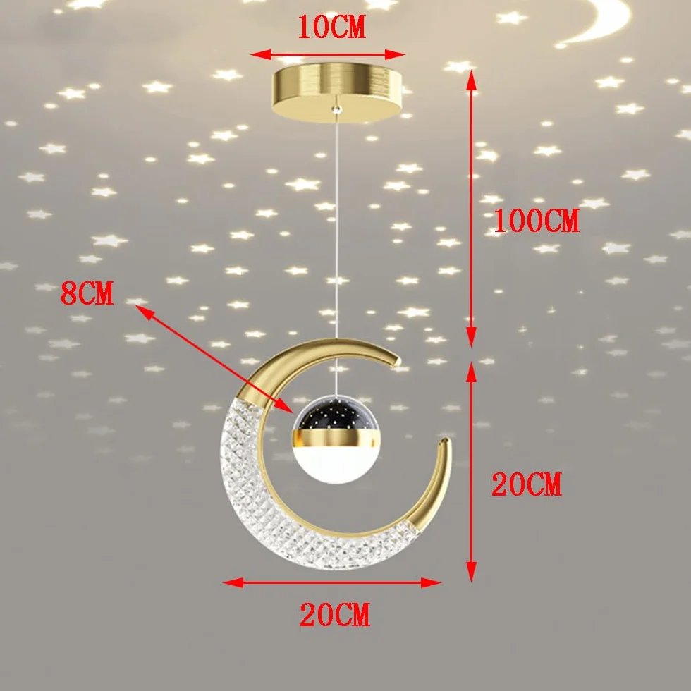 Suspension Luminaire Lune LED 10W Lustre Plafonnier Projection Étoiles Chambre Enfant Café Bar Restaurant Lumière Chaude Dorée